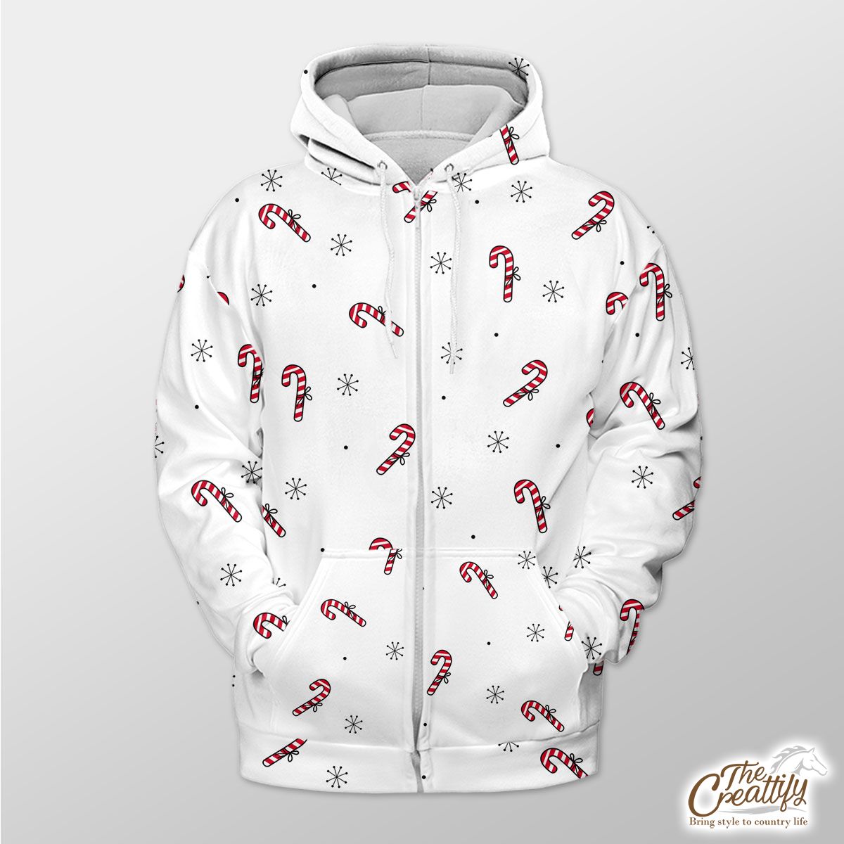 Hand Drawn Candy Canes, Snowflake Clipart Seamless White Pattern Zip Hoodie
