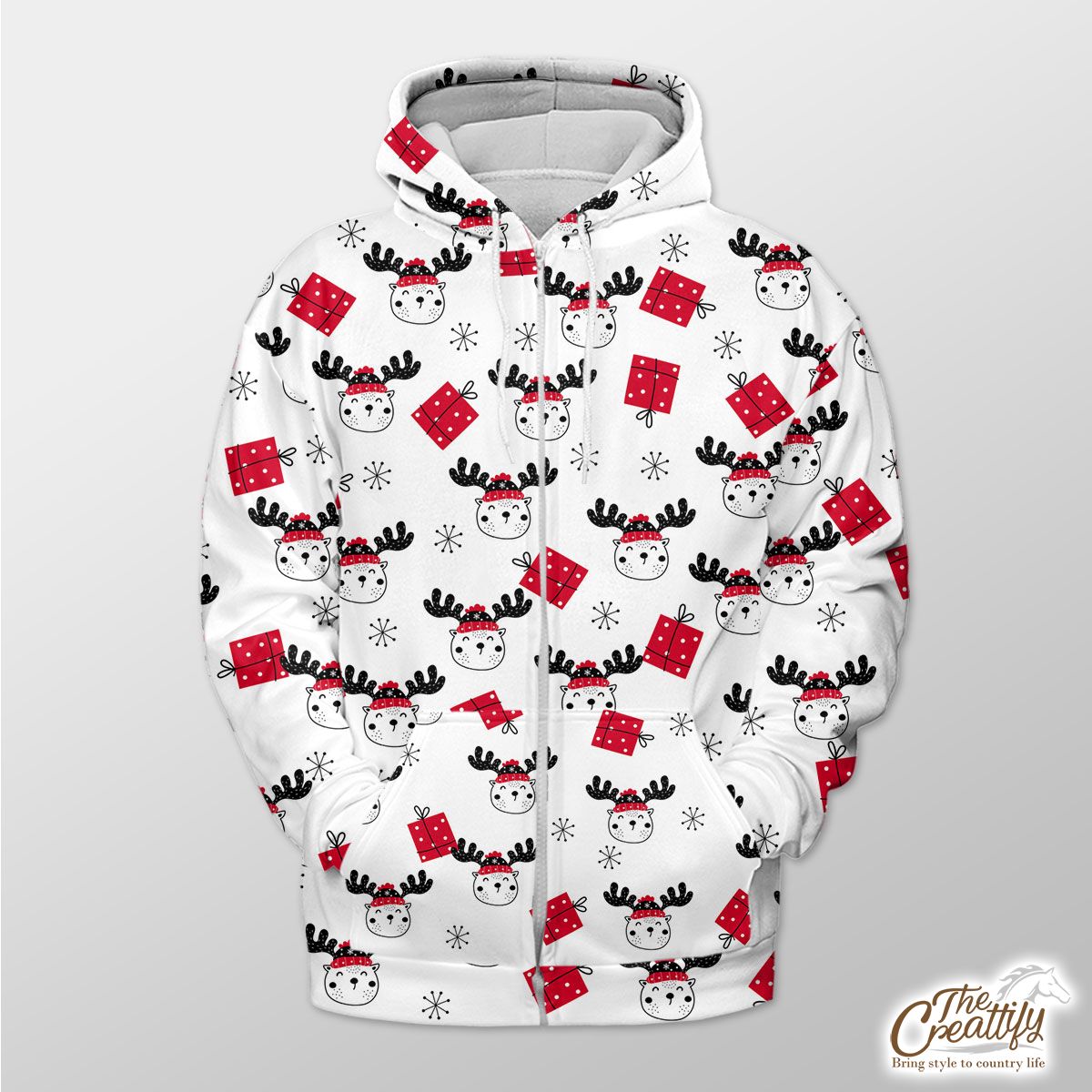 Hand Drawn Christmas Gifts, Reindeer Clipart And Snowflake Clipart Seamless White Pattern Zip Hoodie