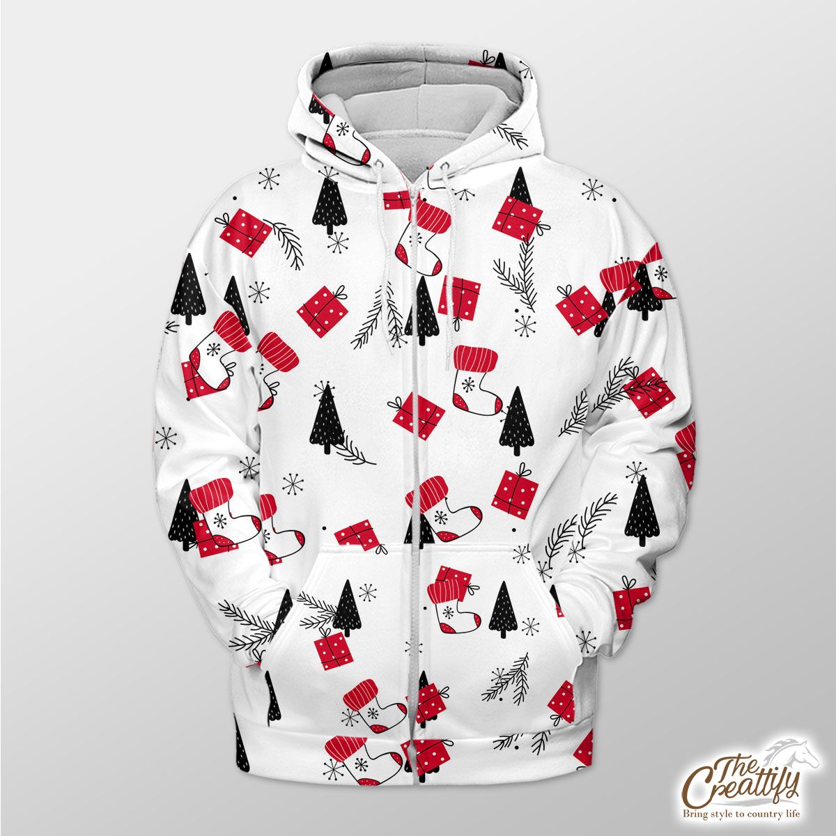 Hand Drawn Red Socks, Christmas Gifts, Pine Tree Silhouette And Snowflake Clipart Seamless White Pattern Zip Hoodie