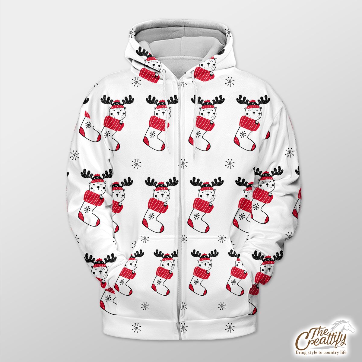 Reindeer Clipart In Hand Drawn Red Socks And Snowflake Clipart Seamless White Pattern Zip Hoodie