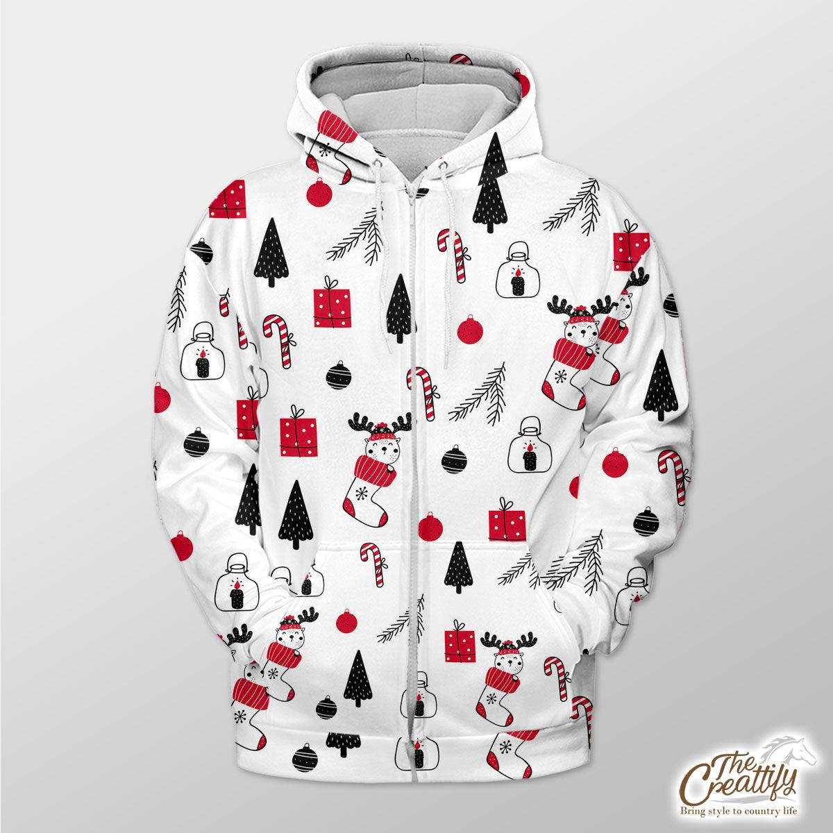 Reindeer Clipart In Hand Drawn Red Socks, Christmas Balls, Candy Canes, And Christmas Gifts Seamless White Pattern Zip Hoodie