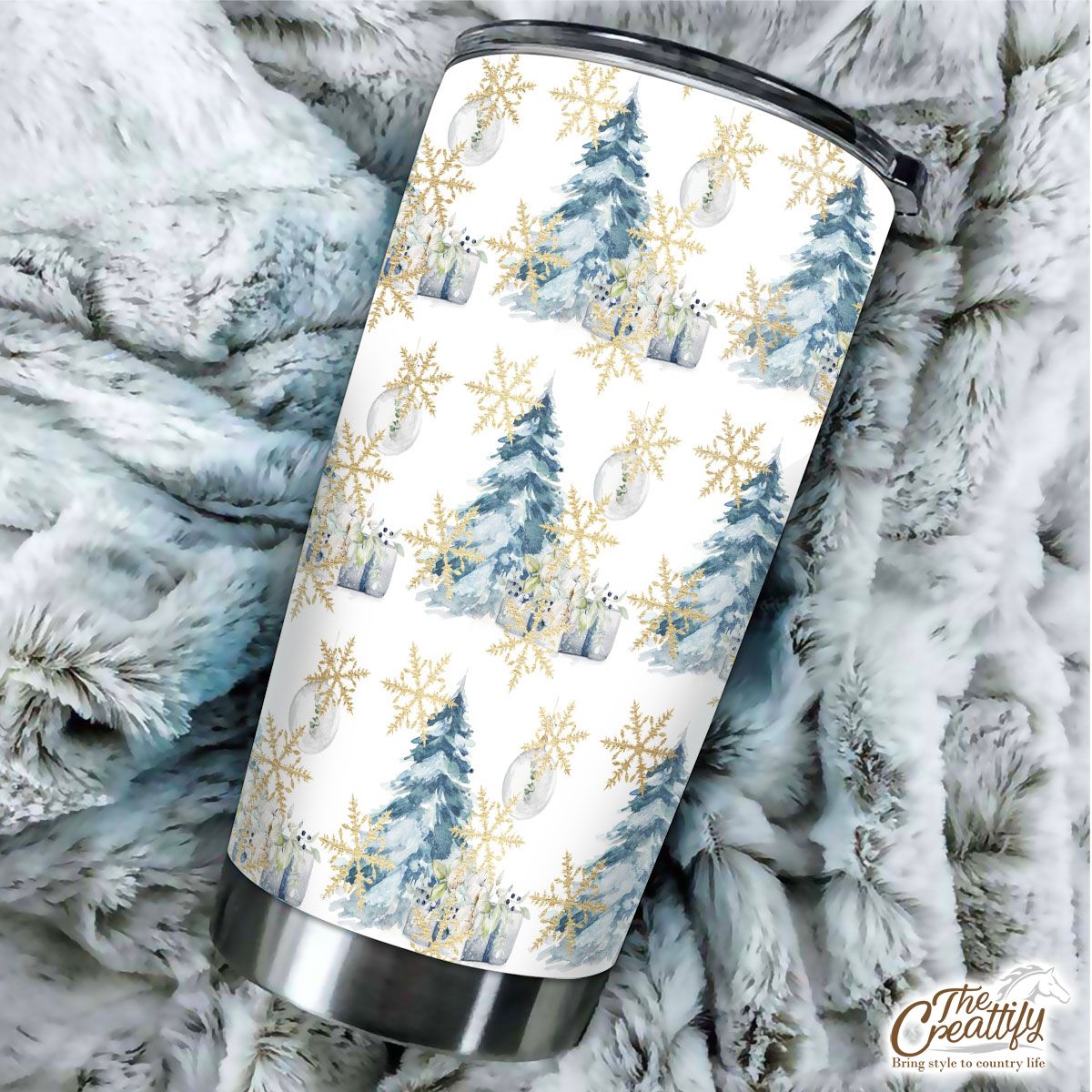 Chistmas Gifts, Gold Snowflake Clipart, Pine Tree And Chistmas Balls Seamless White Pattern Tumbler