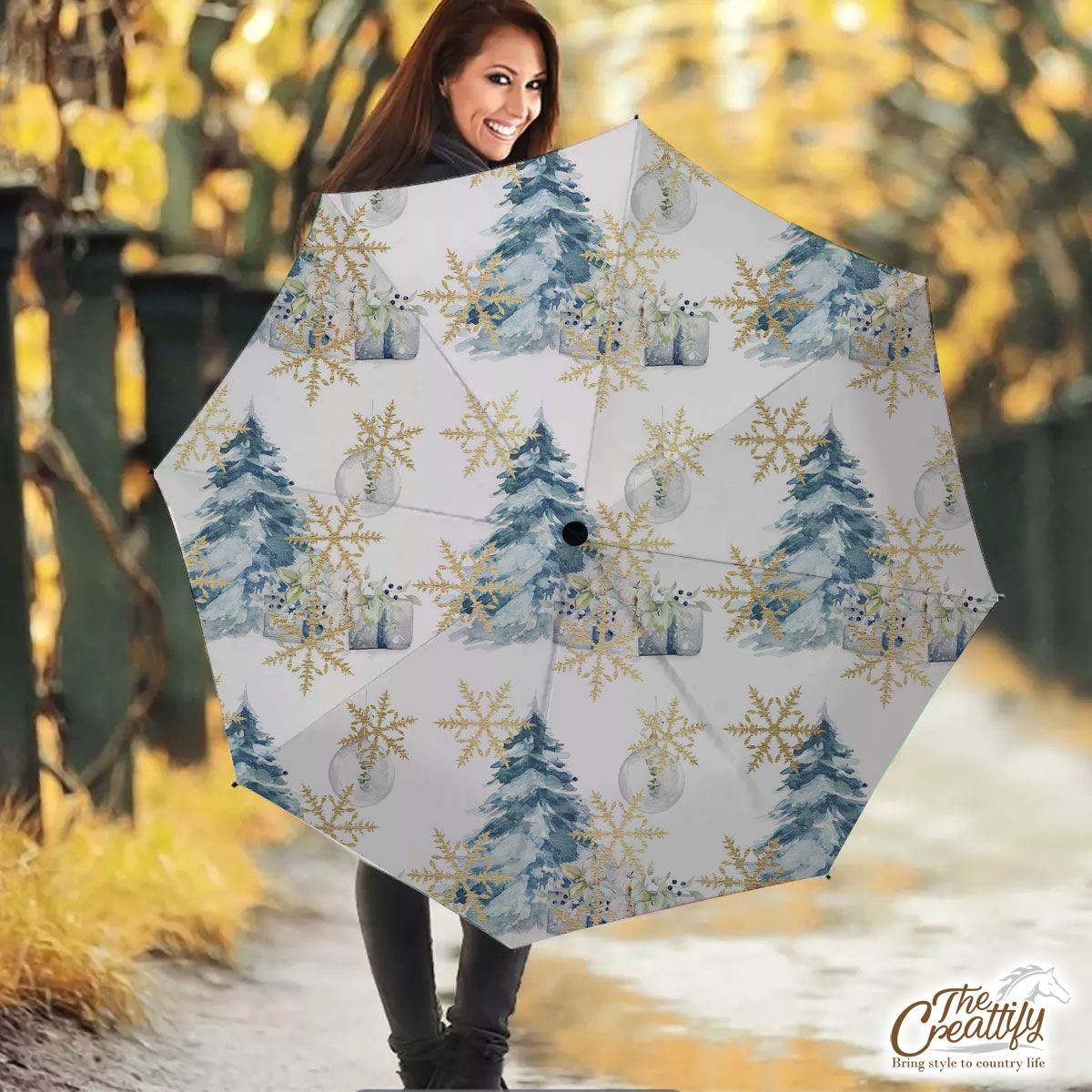 Chistmas Gifts, Gold Snowflake Clipart, Pine Tree And Chistmas Balls Seamless White Pattern Umbrella