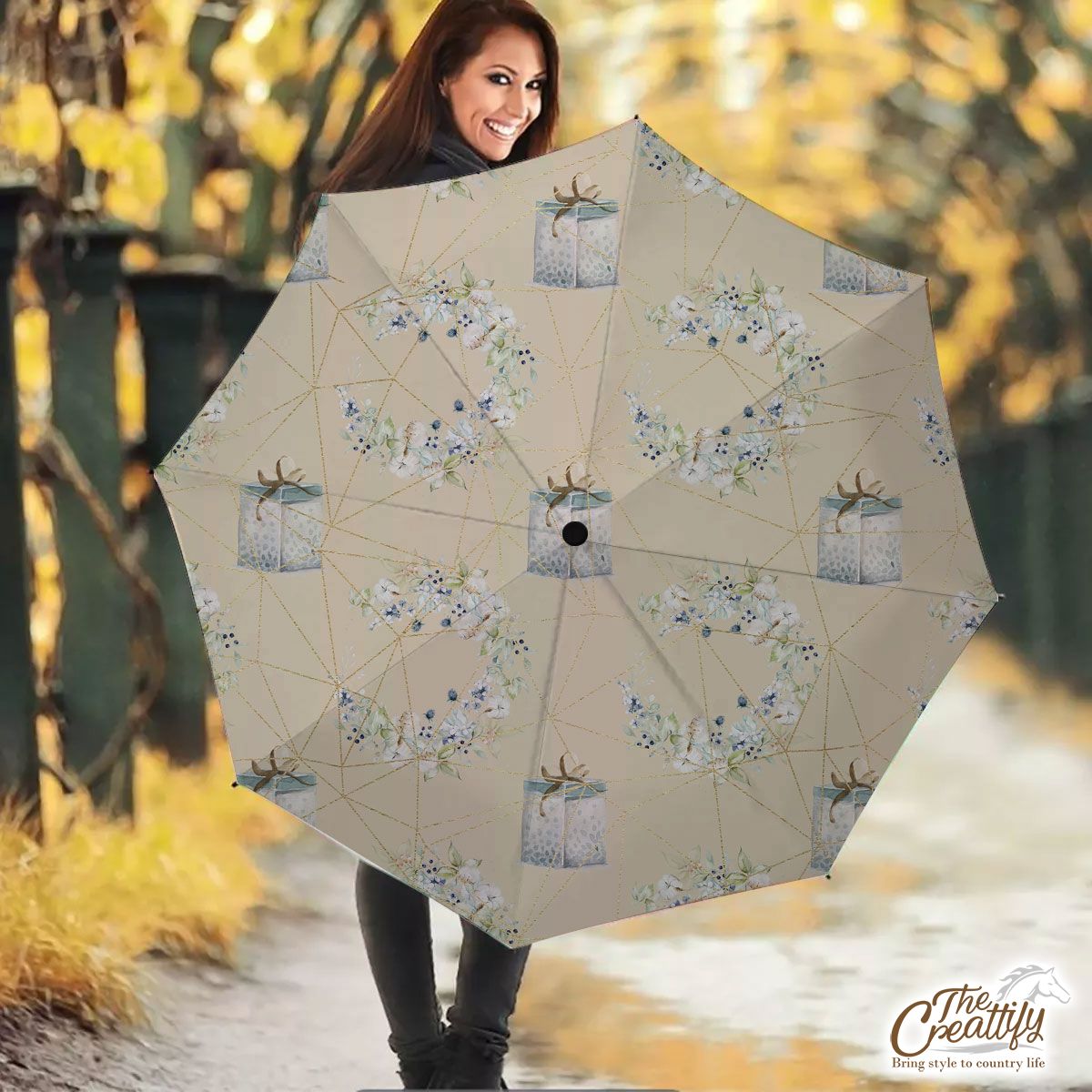 Christmas Gifts And Christmas Wreath Pastel Color Pattern Umbrella
