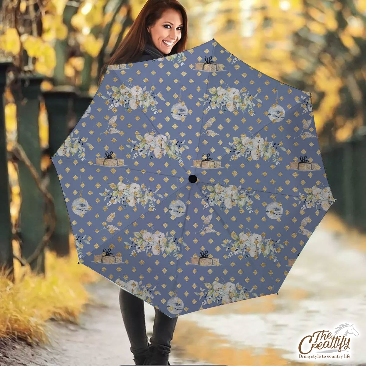 Christmas Gifts, Balls And Flowers Seamless Pastel Blue Pattern Umbrella
