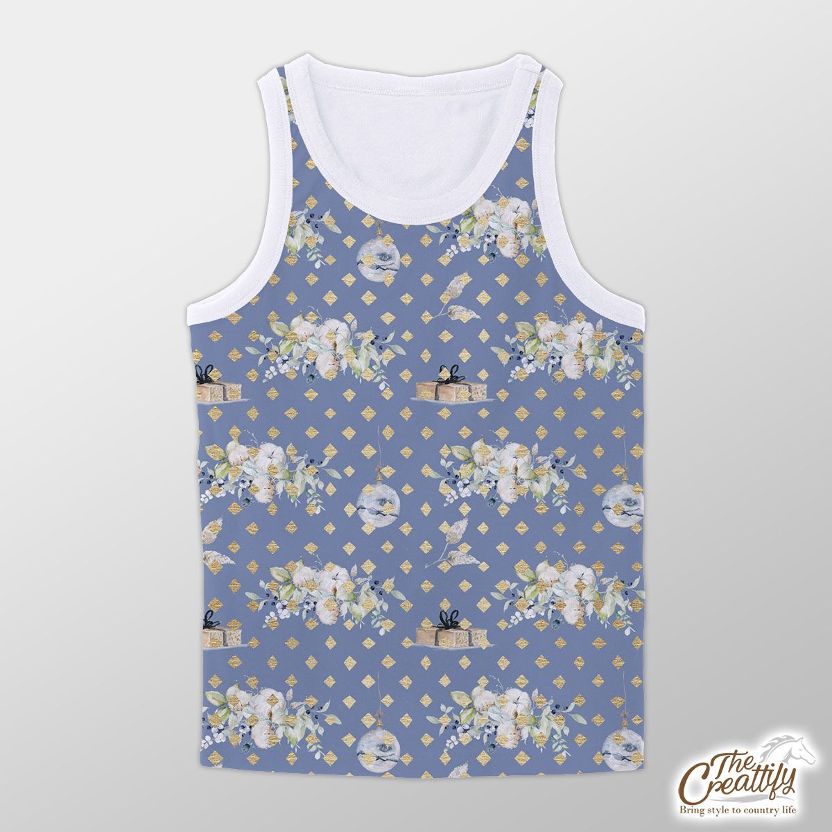 Christmas Gifts, Balls And Flowers Seamless Pastel Blue Pattern Unisex Tank Top