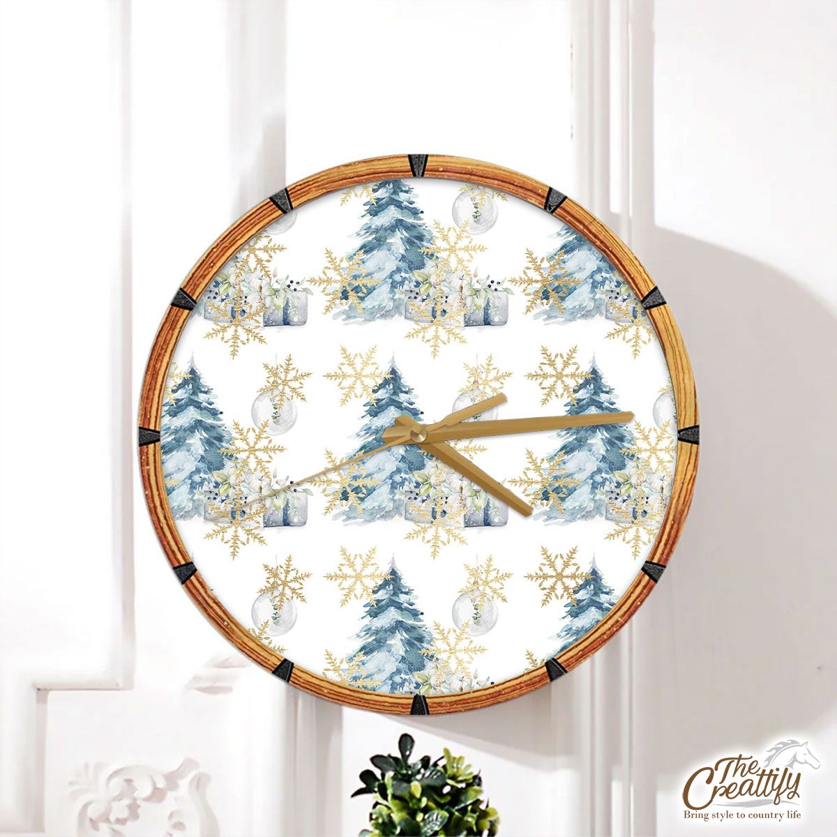 Chistmas Gifts, Gold Snowflake Clipart, Pine Tree And Chistmas Balls Seamless White Pattern Wall Clock