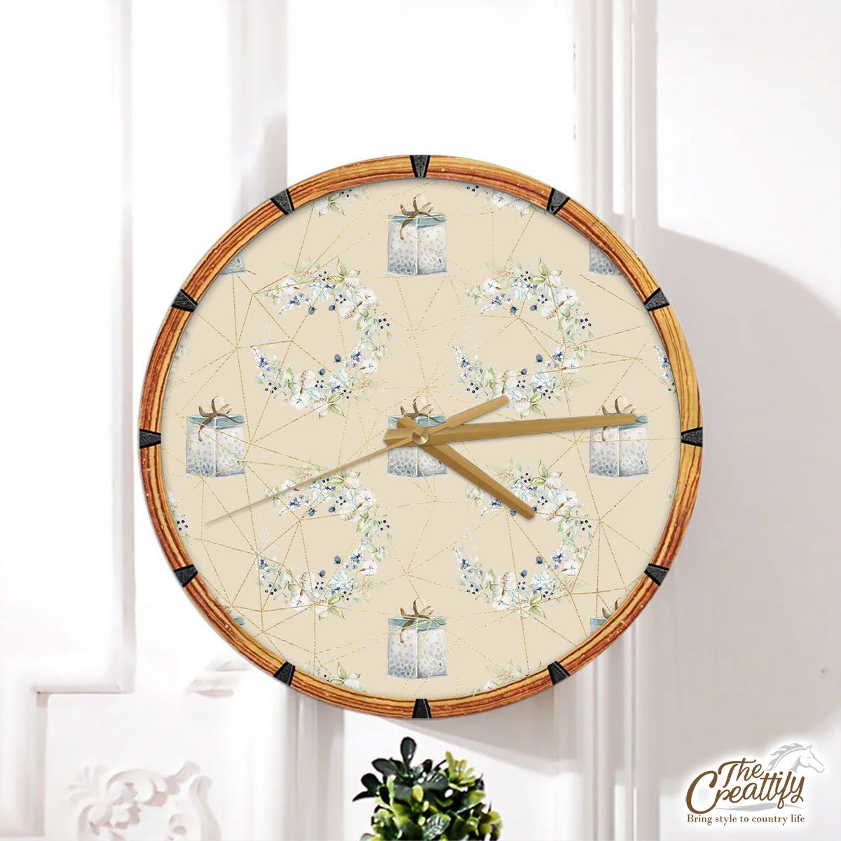 Christmas Gifts And Christmas Wreath Pastel Color Pattern Wall Clock