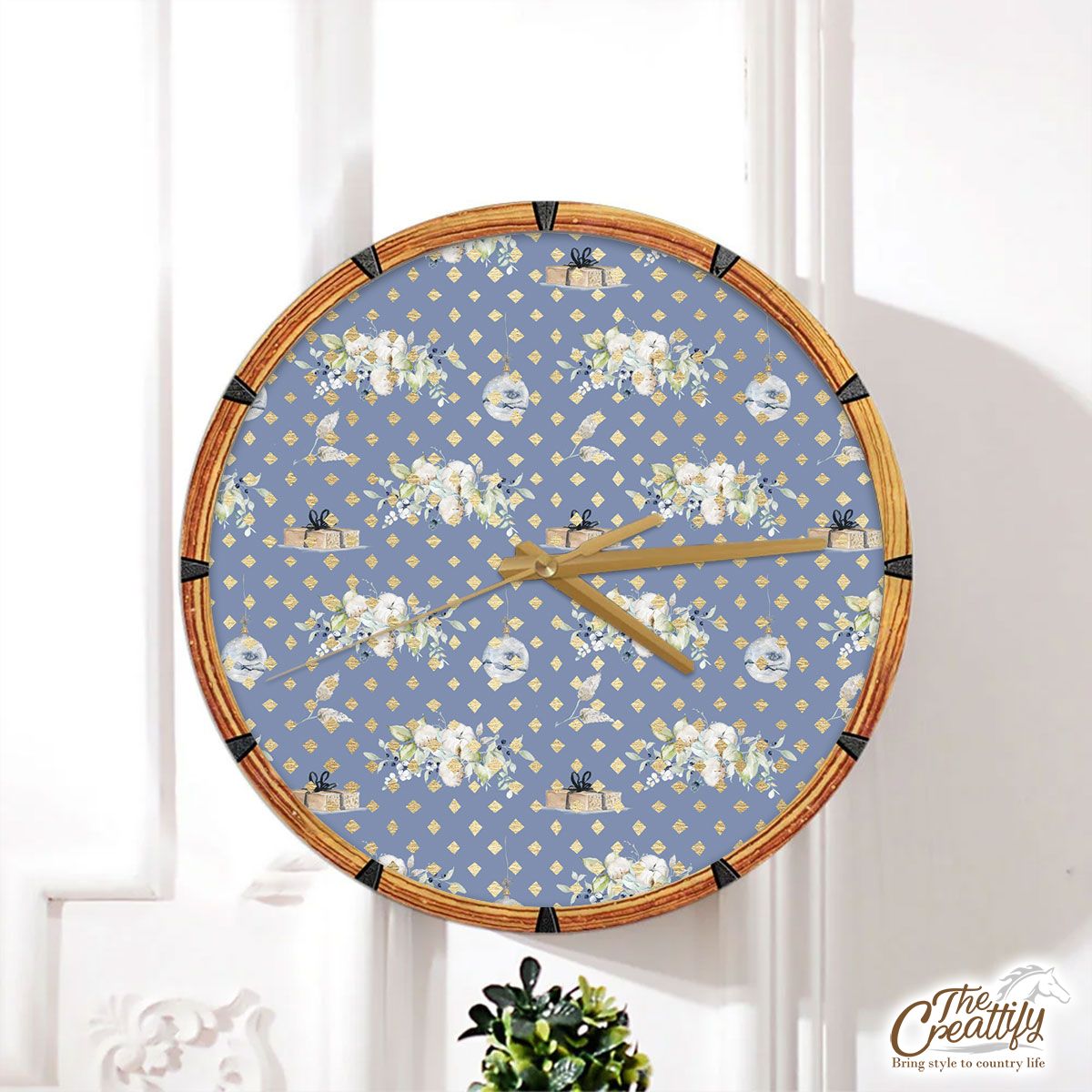 Christmas Gifts, Balls And Flowers Seamless Pastel Blue Pattern Wall Clock