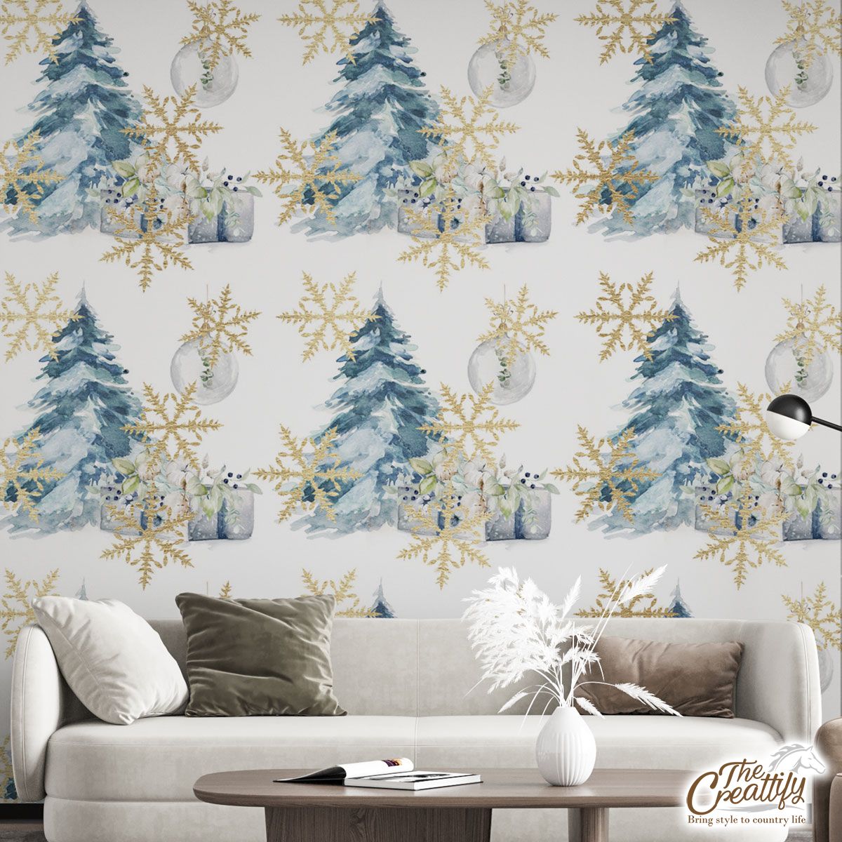 Chistmas Gifts, Gold Snowflake Clipart, Pine Tree And Chistmas Balls Seamless White Pattern Wall Mural