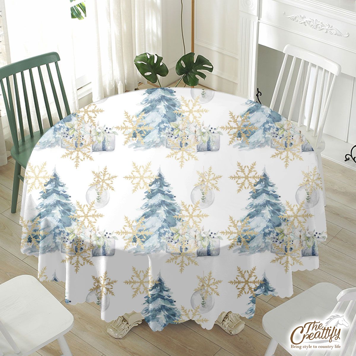 Chistmas Gifts, Gold Snowflake Clipart, Pine Tree And Chistmas Balls Seamless White Pattern Waterproof Tablecloth