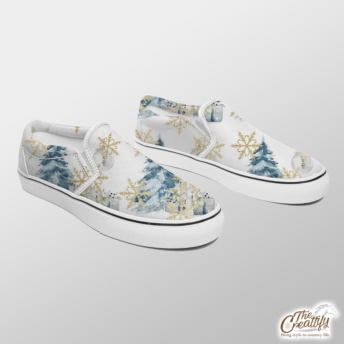 Chistmas Gifts, Gold Snowflake Clipart, Pine Tree And Chistmas Balls Seamless White Pattern Slip On Sneakers