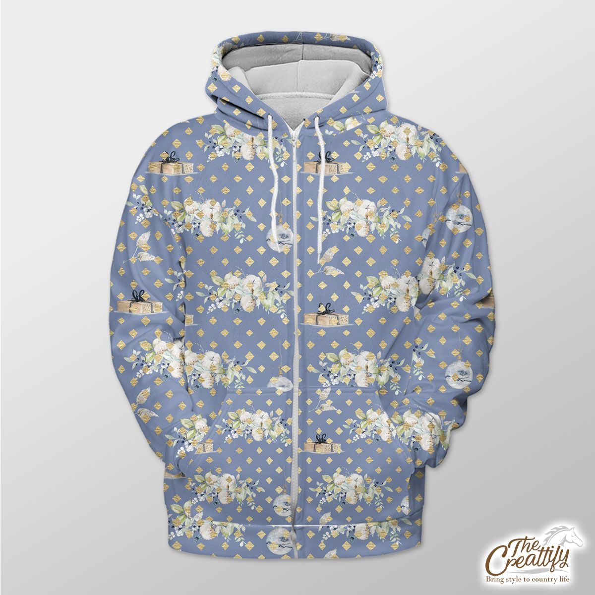 Christmas Gifts, Balls And Flowers Seamless Pastel Blue Pattern Zip Hoodie