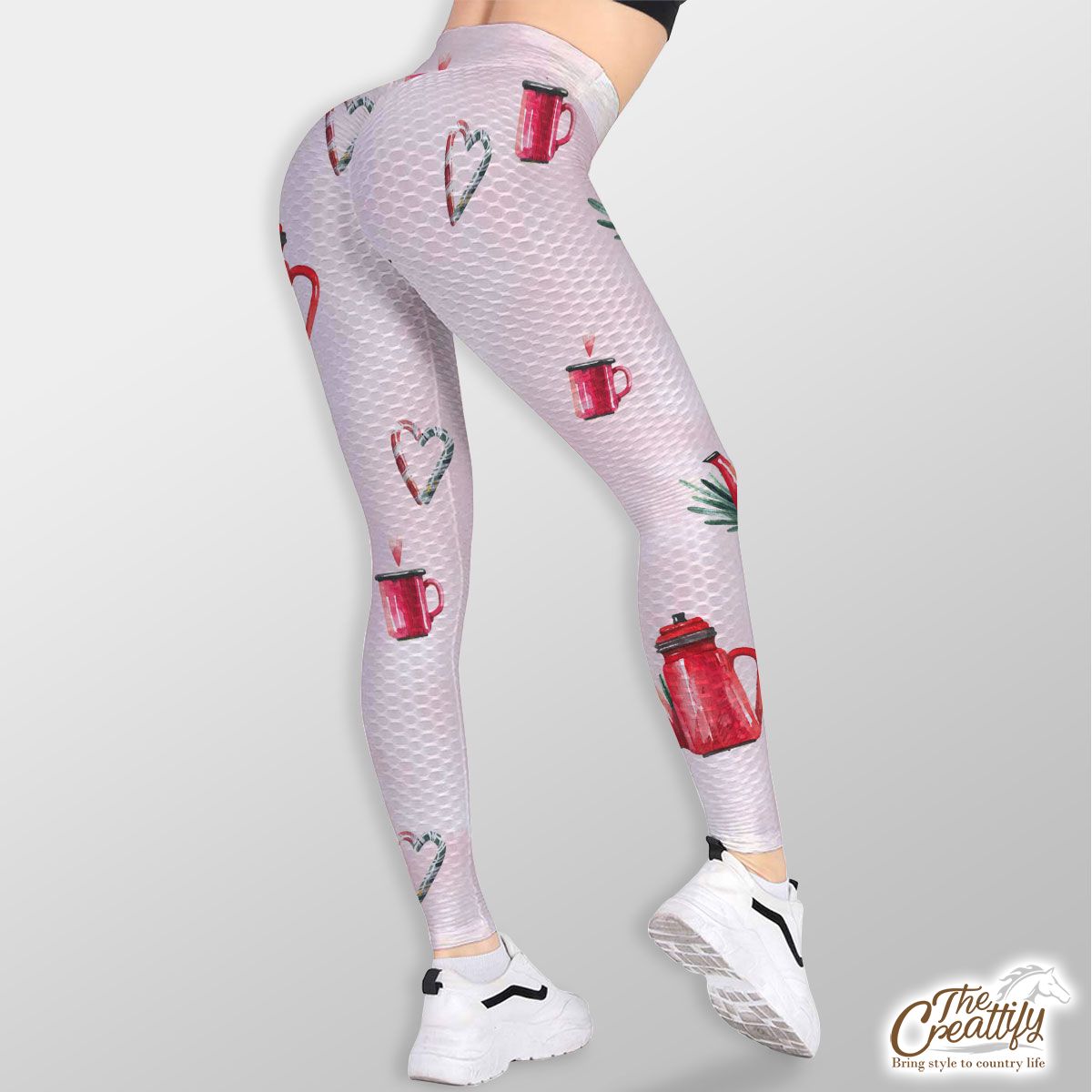 Watercolor Christmas Red Teapots Candy Canes Pattern TikTok Leggings