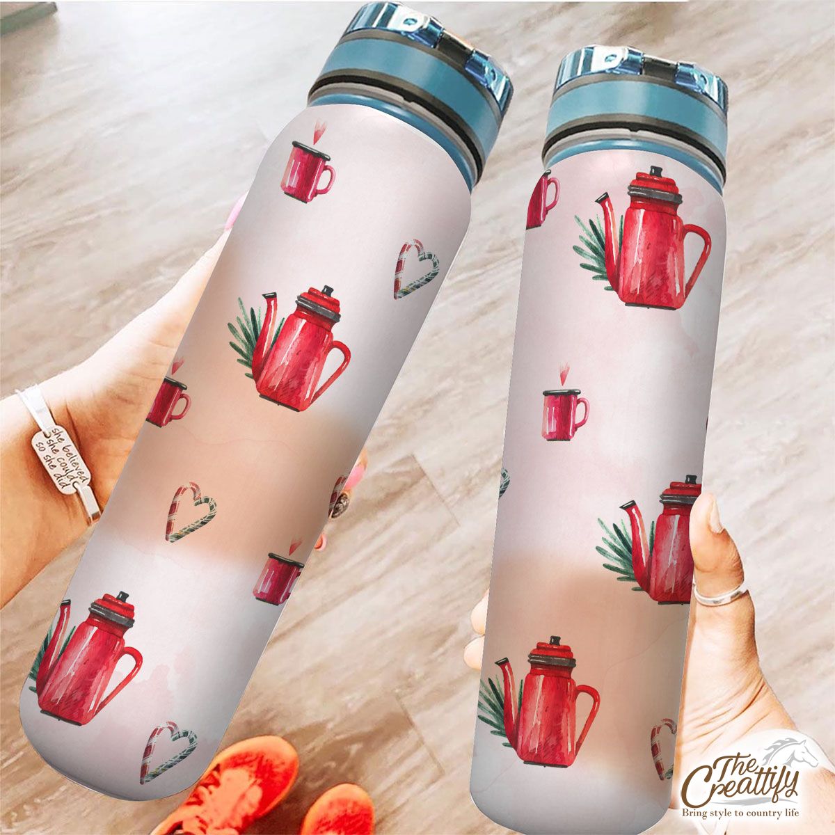 Watercolor Christmas Red Teapots Candy Canes Pattern Tracker Bottle