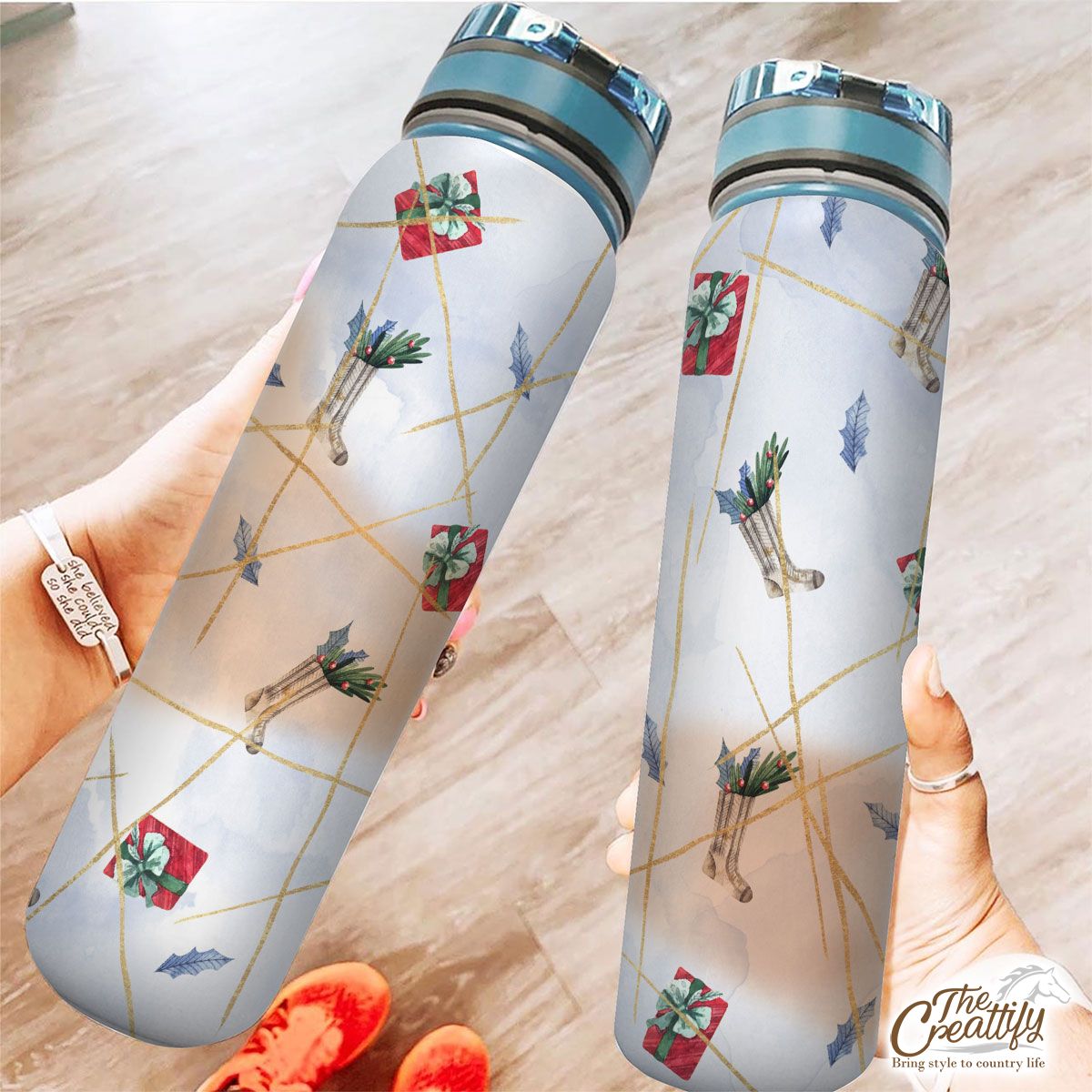 Watercolor Christmas Socks Filled In Holly Left And Christmas Gifts Pattern Tracker Bottle