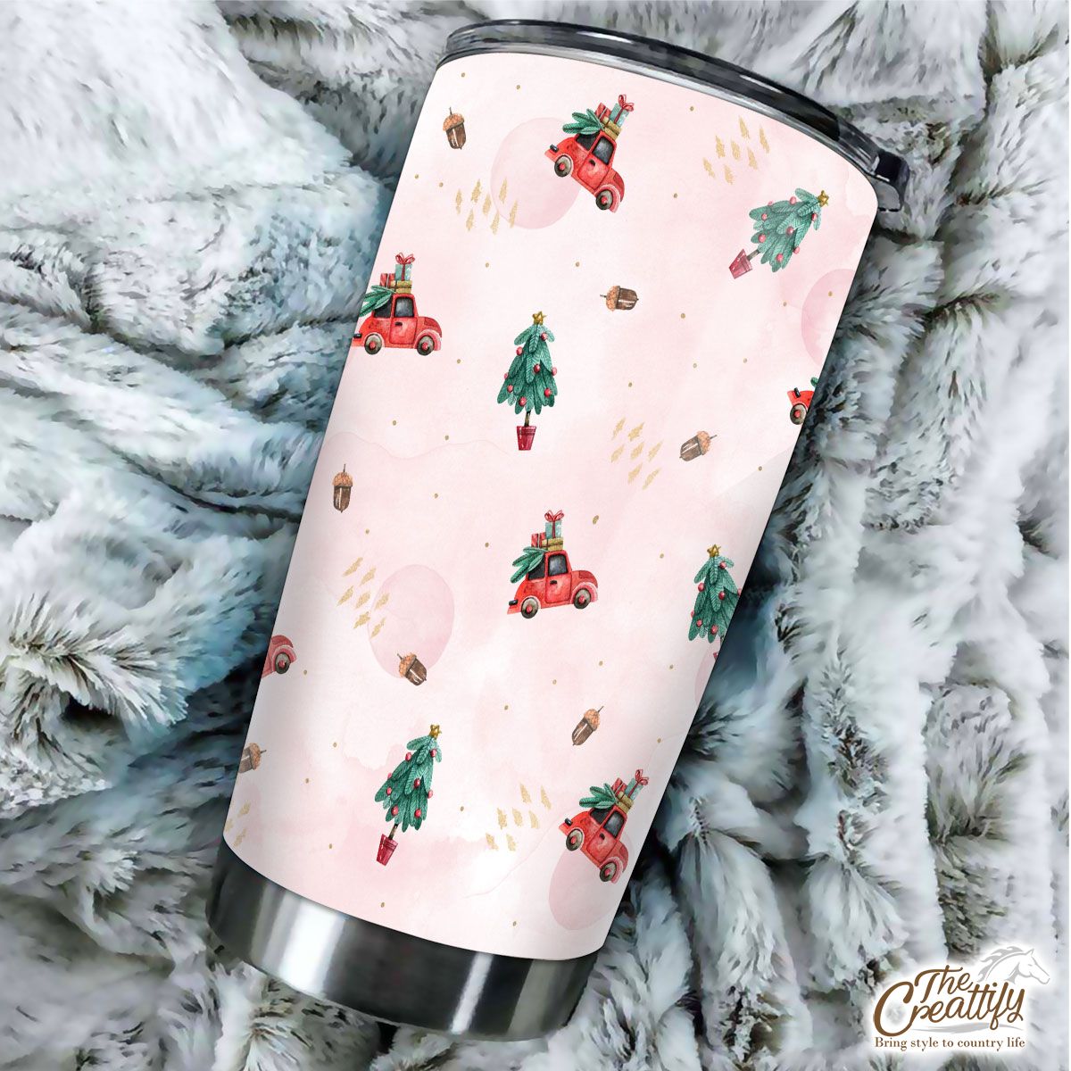 Watercolor Christmas Car With Gifts And Acorns Pink Pattern Tumbler