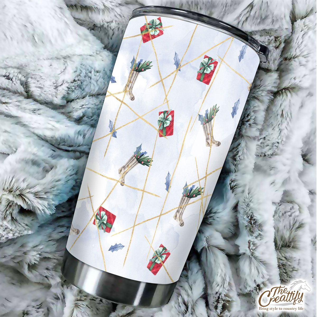Watercolor Christmas Socks Filled In Holly Left And Christmas Gifts Pattern Tumbler