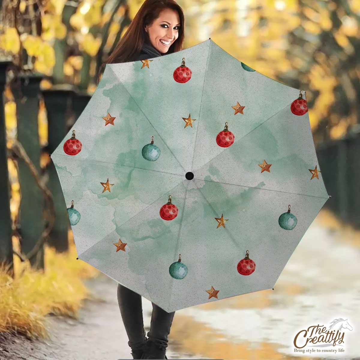 Watercolor Christmas Balls And Stars Pattern Umbrella