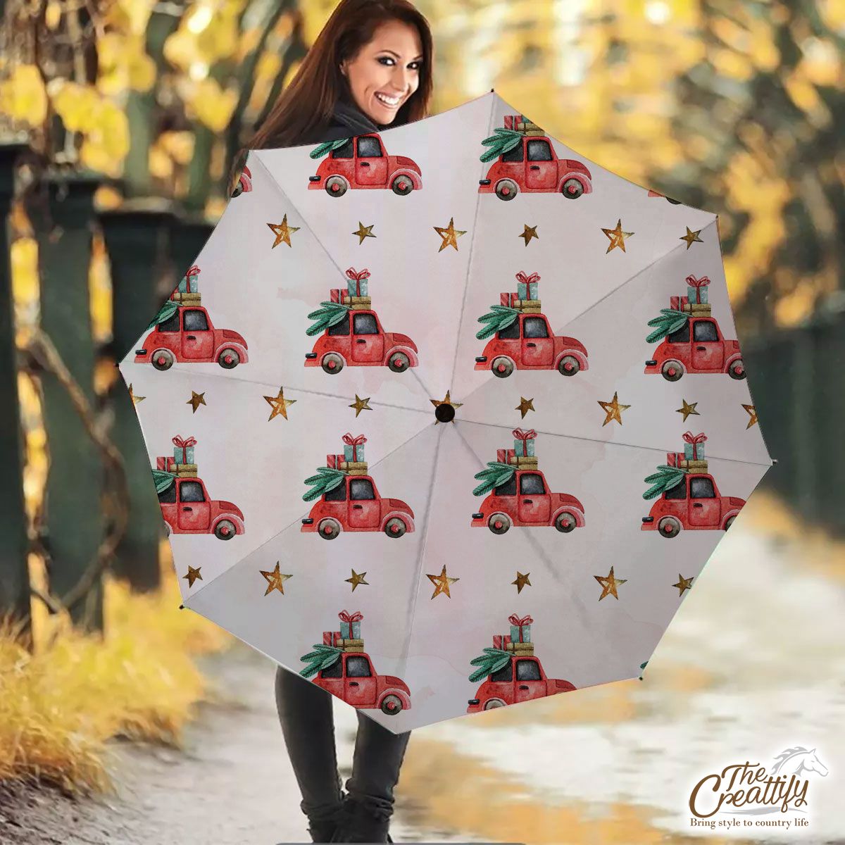 Watercolor Christmas Car With Christmas Gifts Star Pattern Umbrella