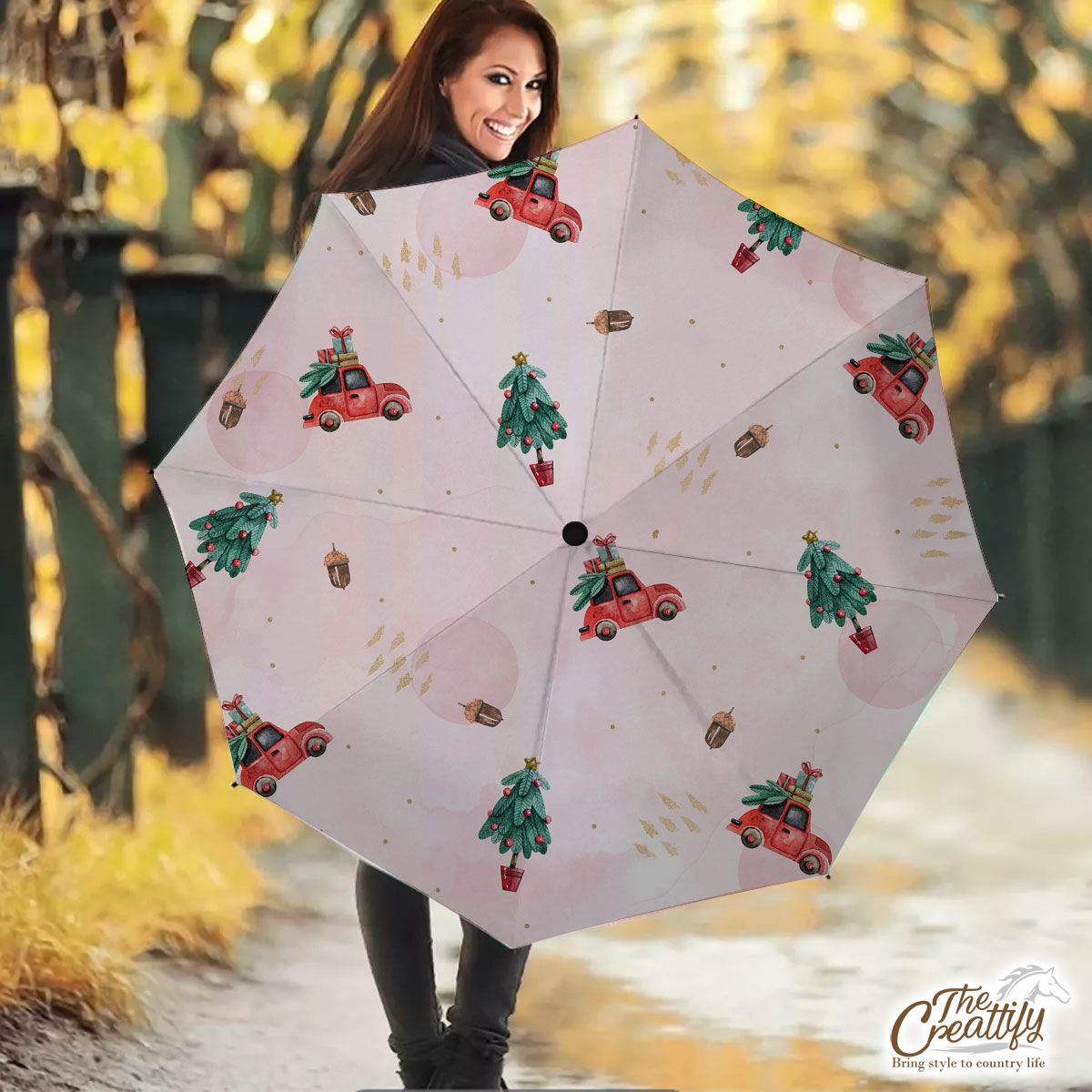 Watercolor Christmas Car With Gifts And Acorns Pink Pattern Umbrella