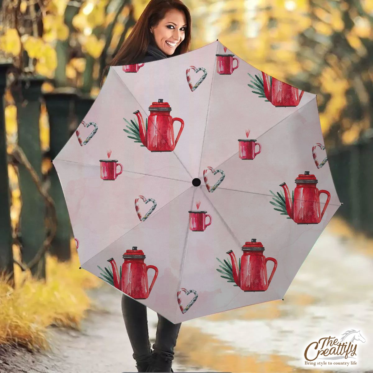 Watercolor Christmas Red Teapots Candy Canes Pattern Umbrella