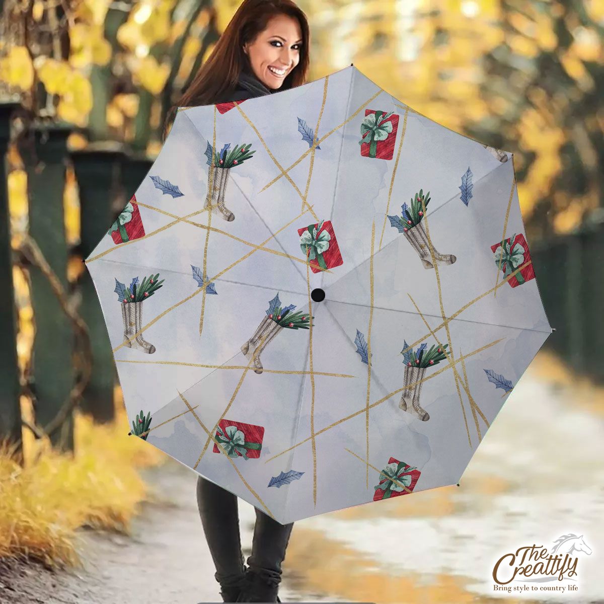 Watercolor Christmas Socks Filled In Holly Left And Christmas Gifts Pattern Umbrella