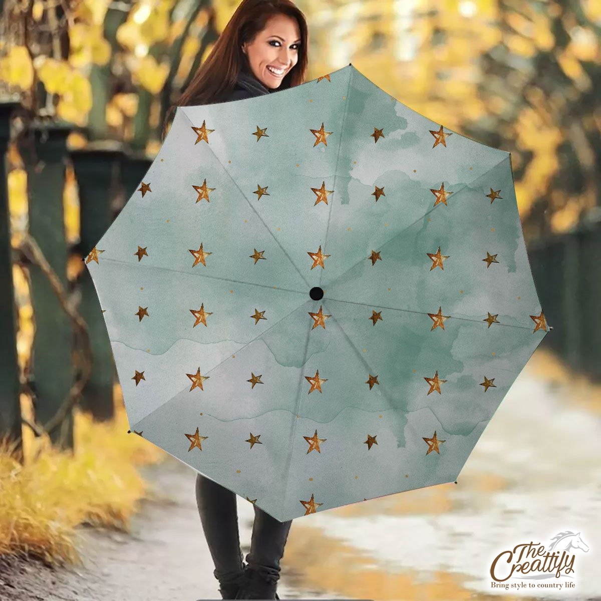 Watercolor Gold Christmas Star Pattern Umbrella