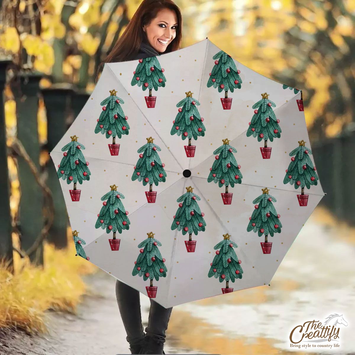 Watercolor Gold Christmas Tree Star Topper Seamless Pattern Umbrella
