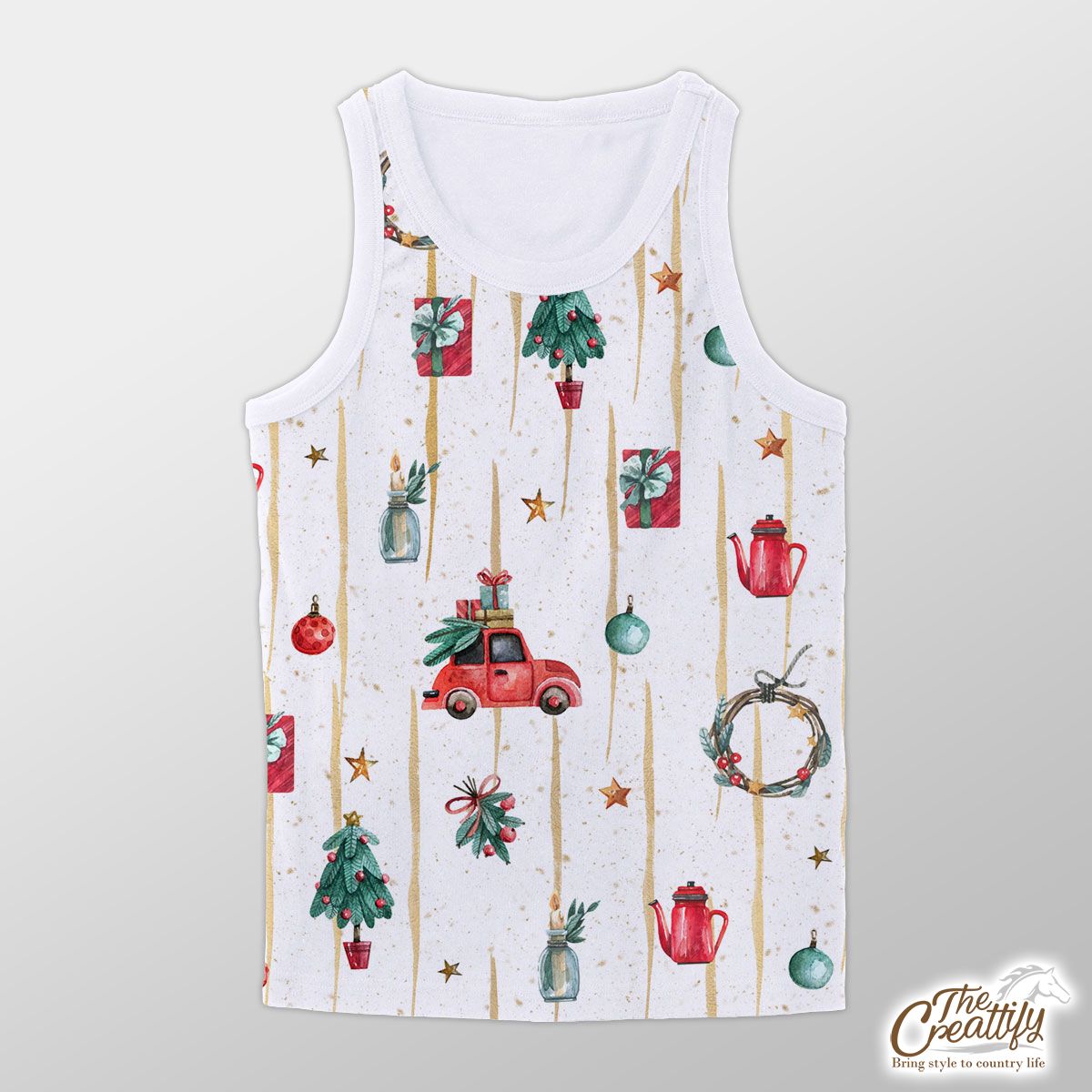 Watercolor Christmas Car With Christmas Gifts, Balls, Wreath And Star Pattern Unisex Tank Top
