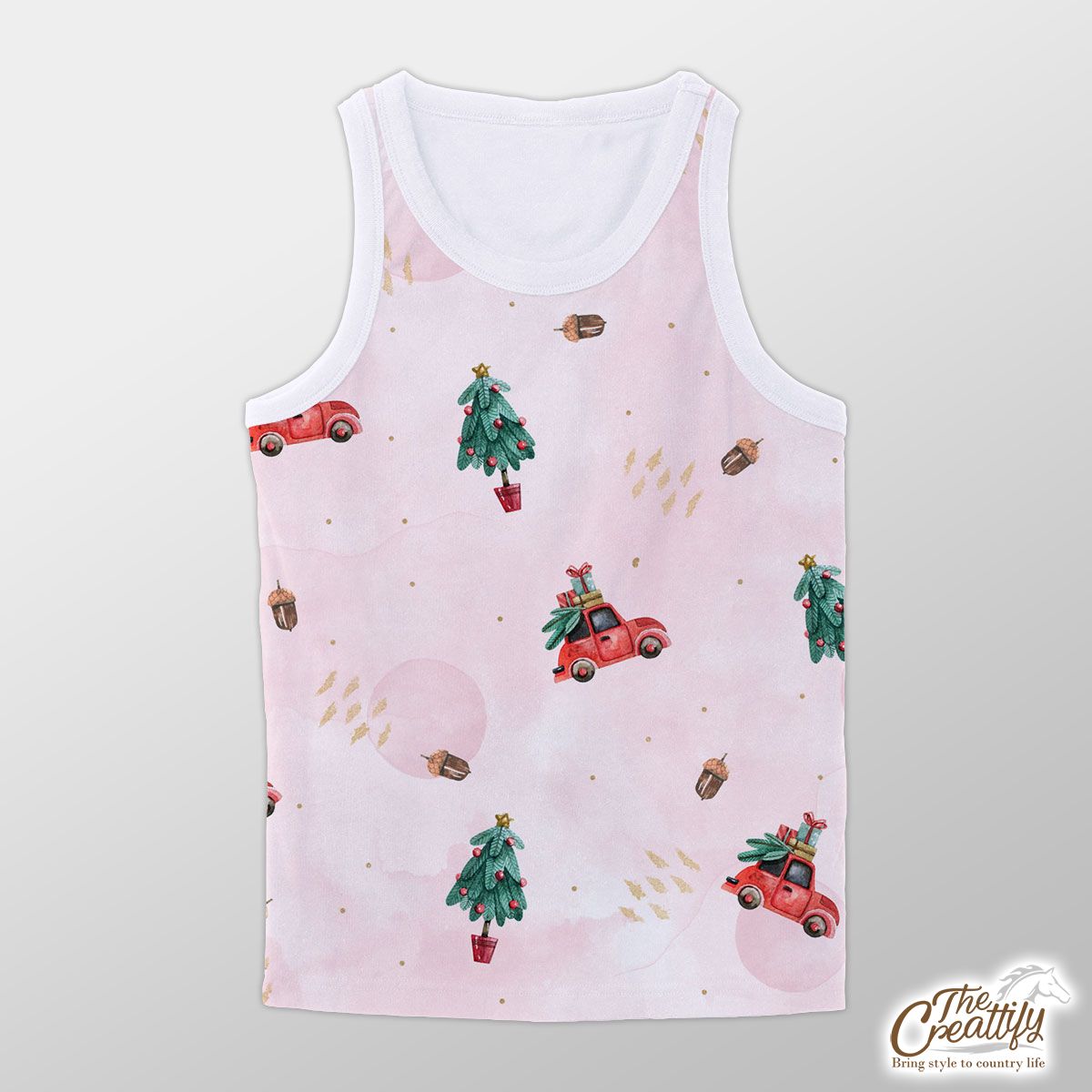 Watercolor Christmas Car With Gifts And Acorns Pink Pattern Unisex Tank Top