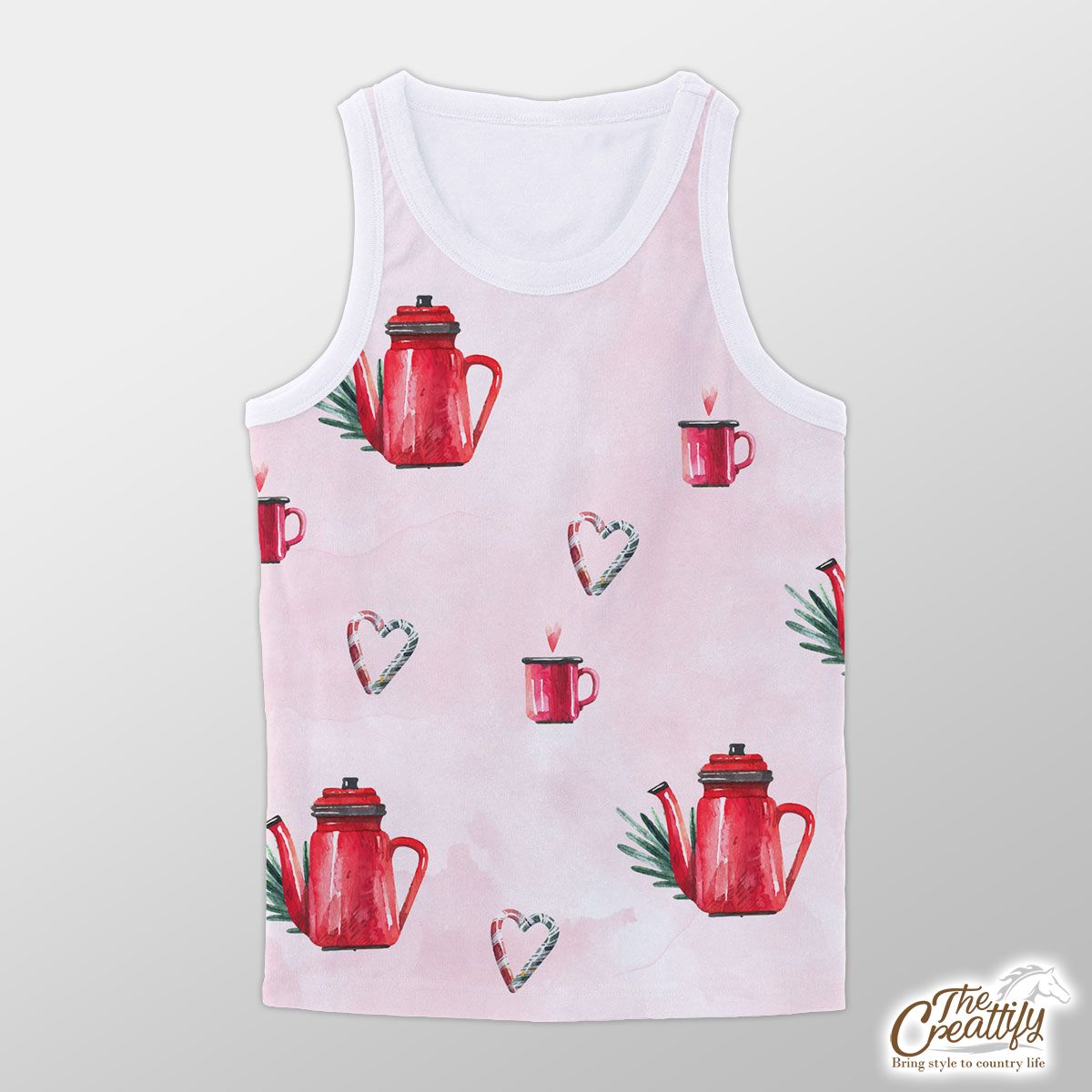 Watercolor Christmas Red Teapots Candy Canes Pattern Unisex Tank Top