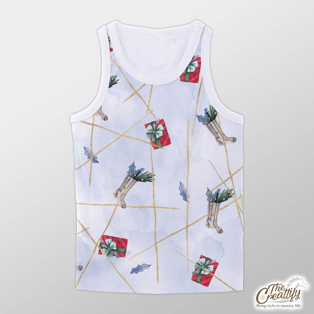 Watercolor Christmas Socks Filled In Holly Left And Christmas Gifts Pattern Unisex Tank Top