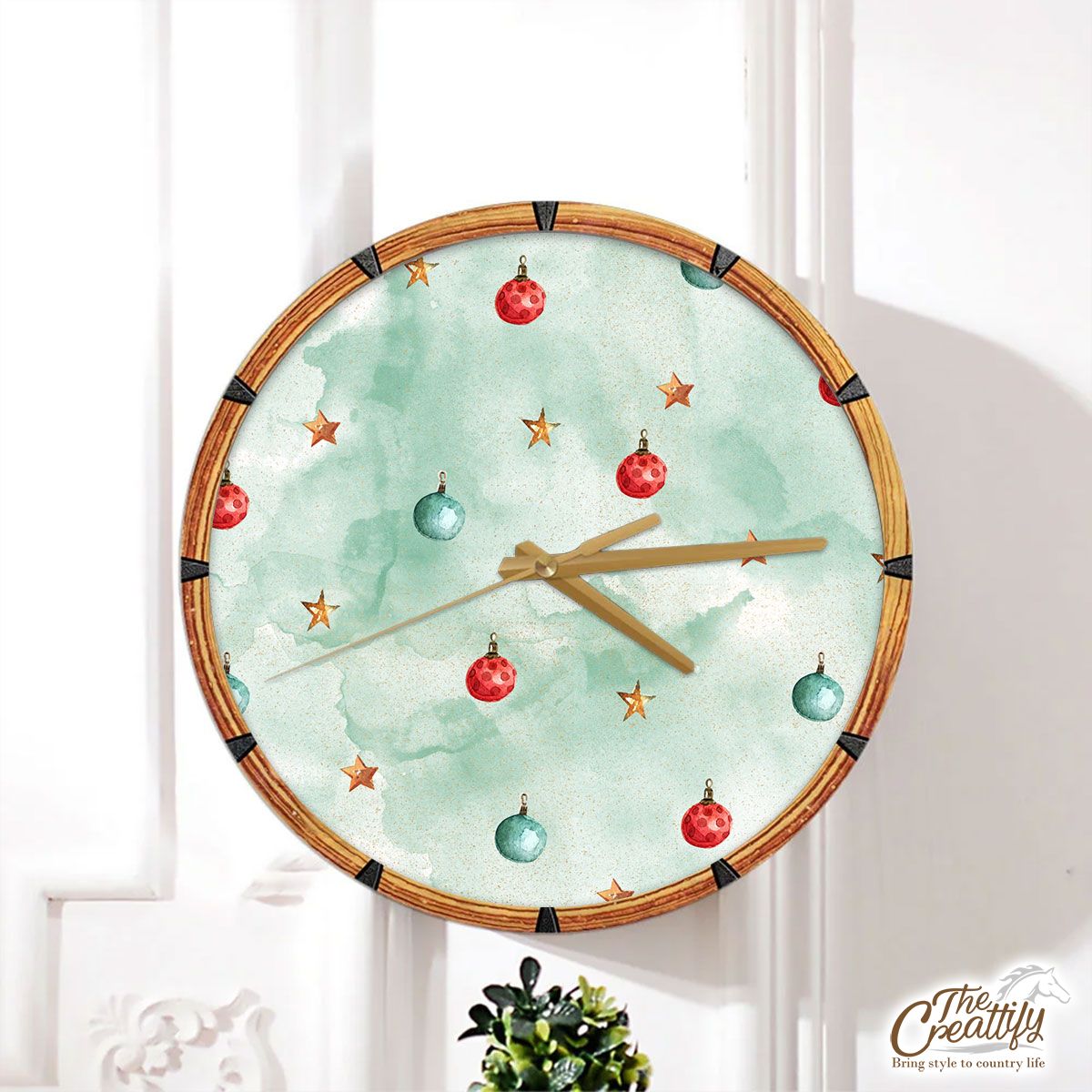 Watercolor Christmas Balls And Stars Pattern Wall Clock