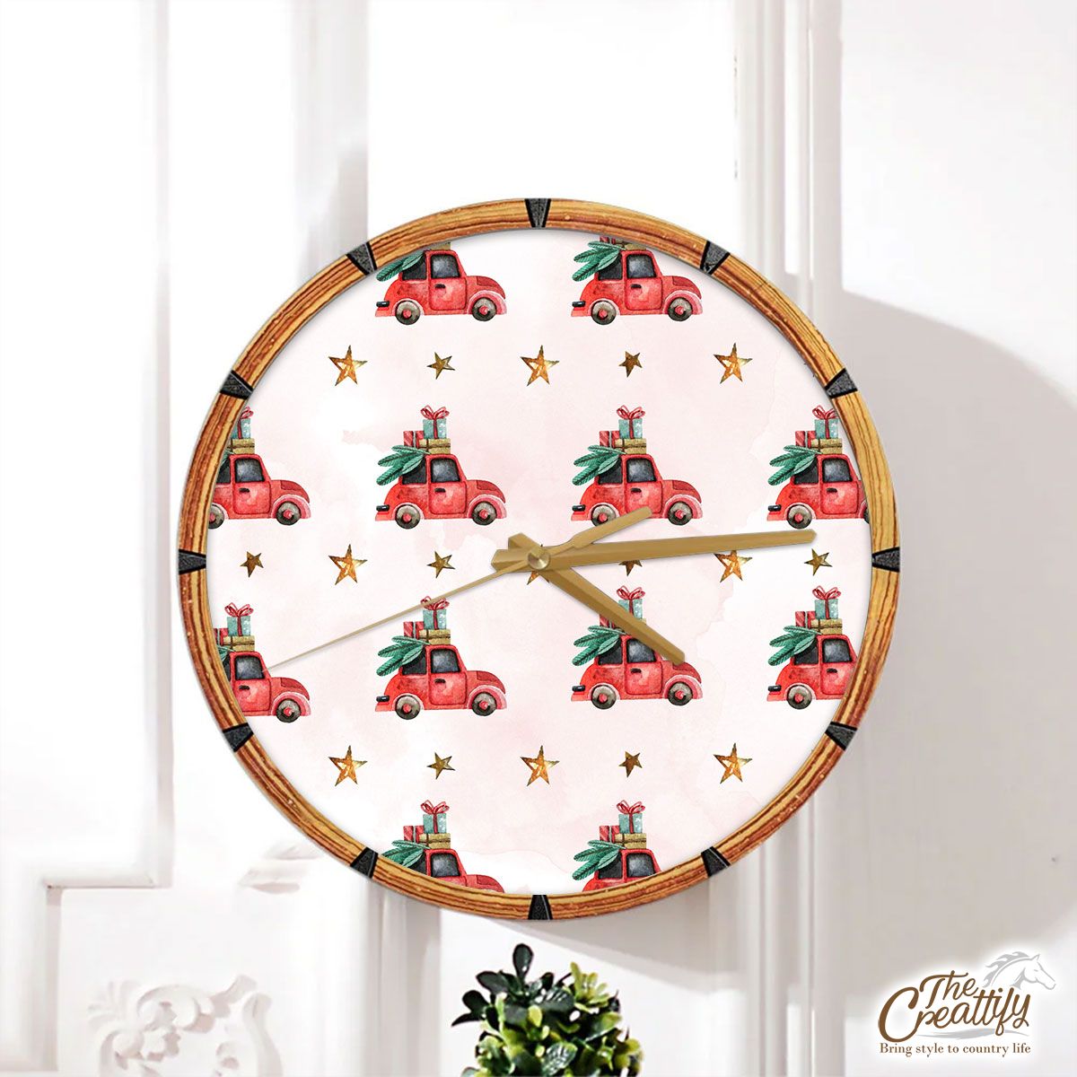Watercolor Christmas Car With Christmas Gifts Star Pattern Wall Clock