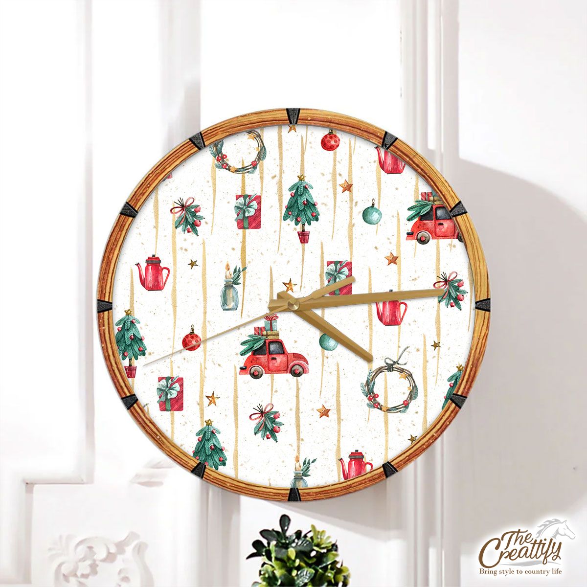 Watercolor Christmas Car With Christmas Gifts, Balls, Wreath And Star Pattern Wall Clock