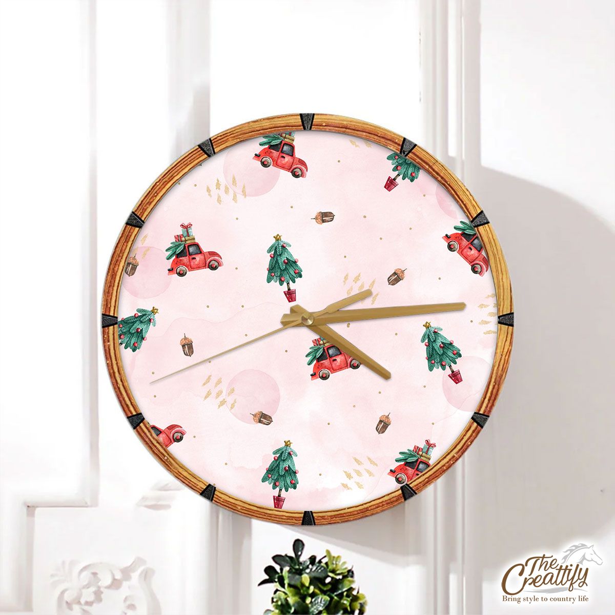 Watercolor Christmas Car With Gifts And Acorns Pink Pattern Wall Clock