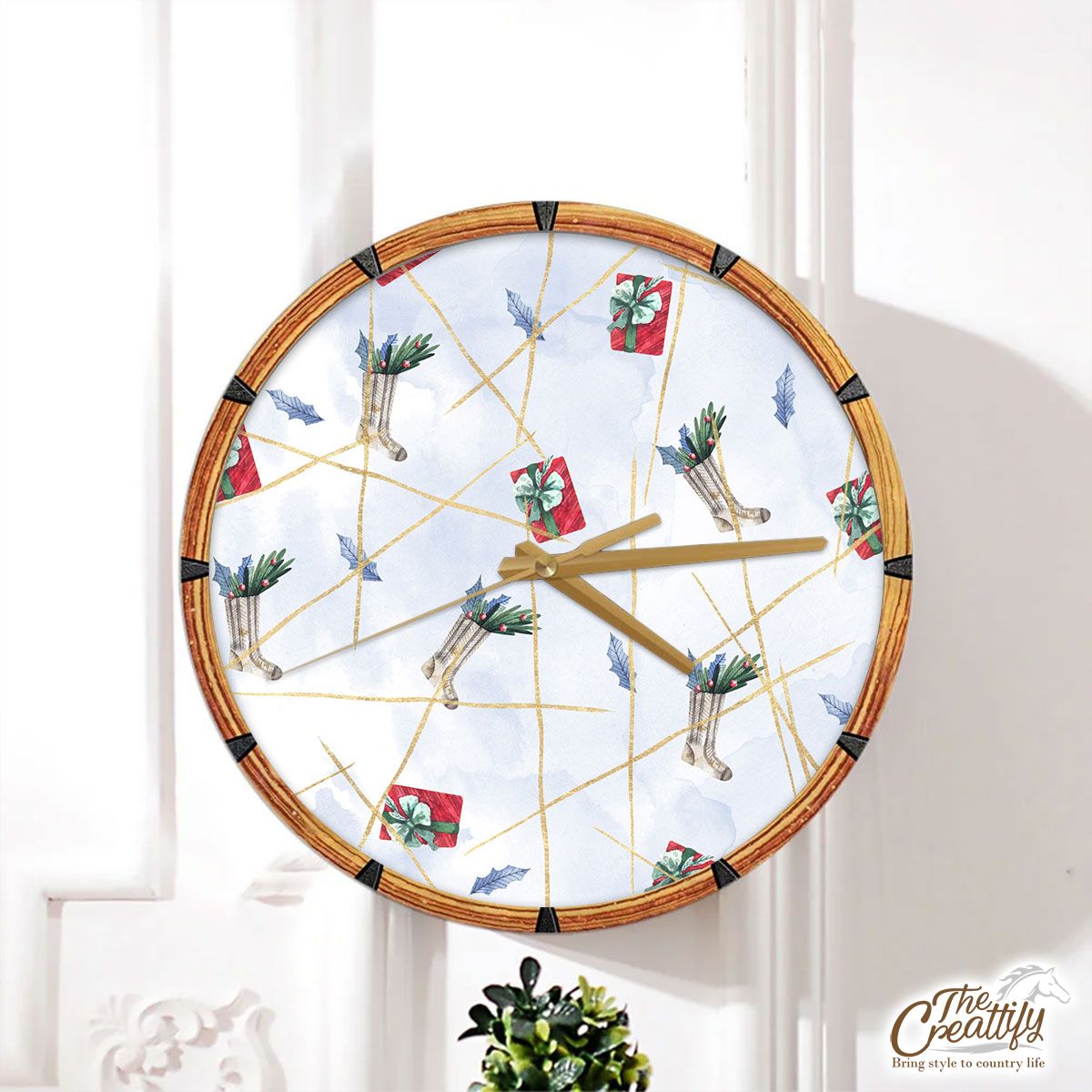 Watercolor Christmas Socks Filled In Holly Left And Christmas Gifts Pattern Wall Clock