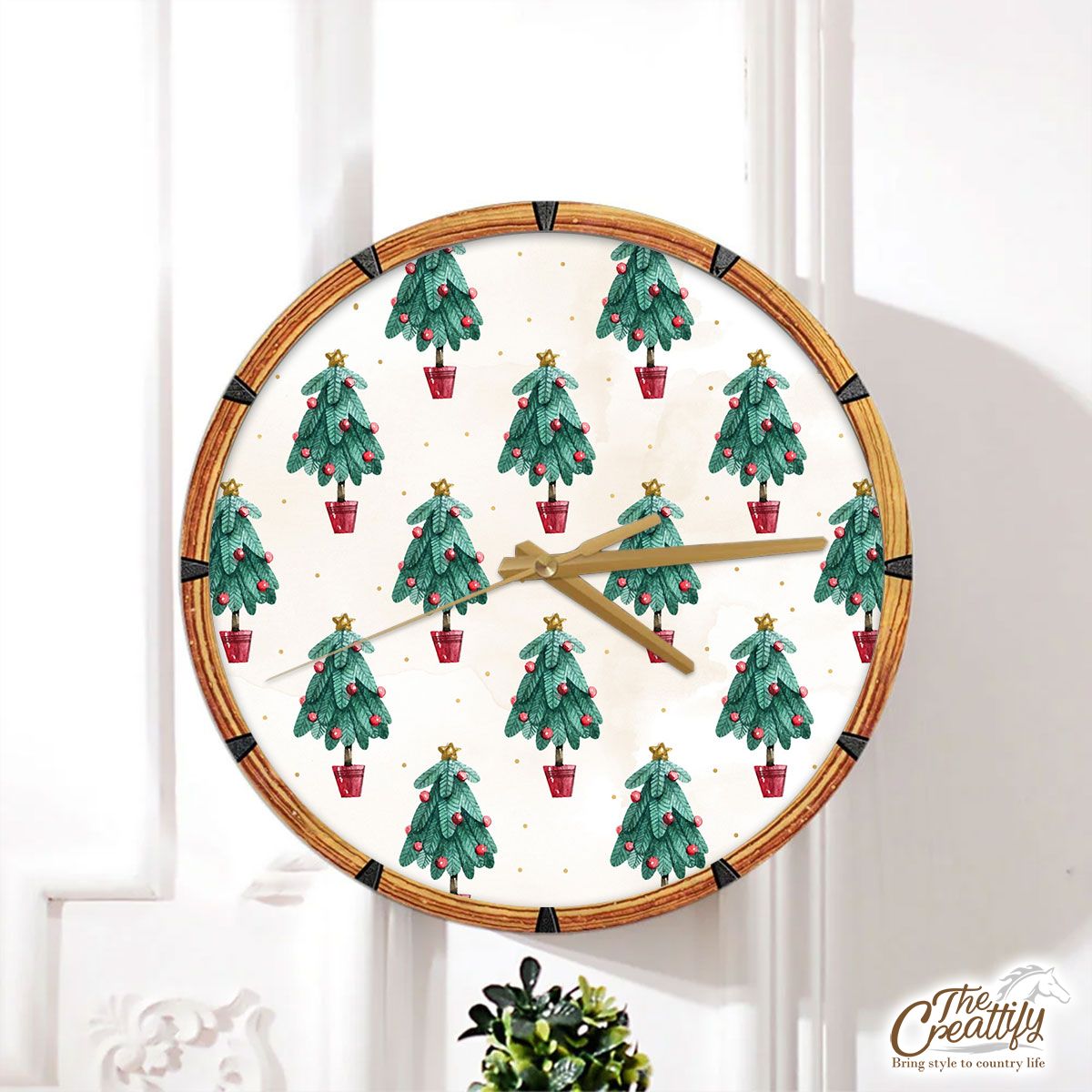 Watercolor Gold Christmas Tree Star Topper Seamless Pattern Wall Clock