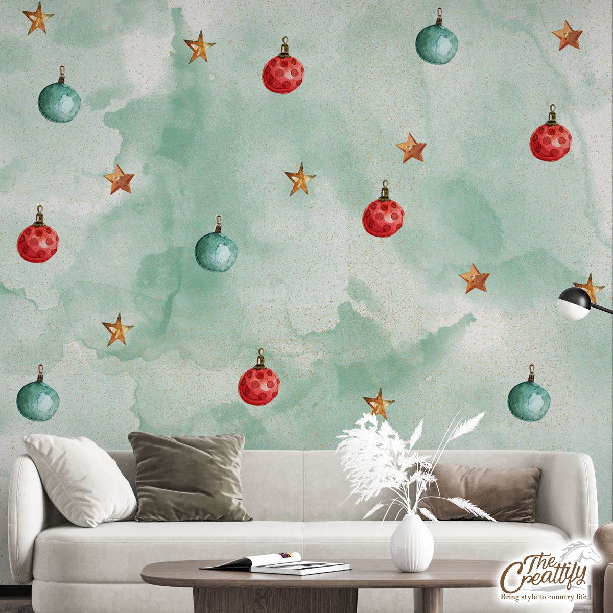 Watercolor Christmas Balls And Stars Pattern Wall Mural