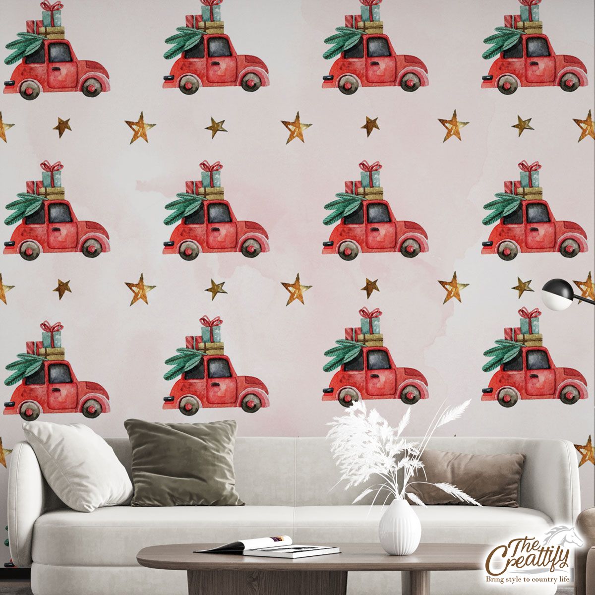 Watercolor Christmas Car With Christmas Gifts Star Pattern Wall Mural