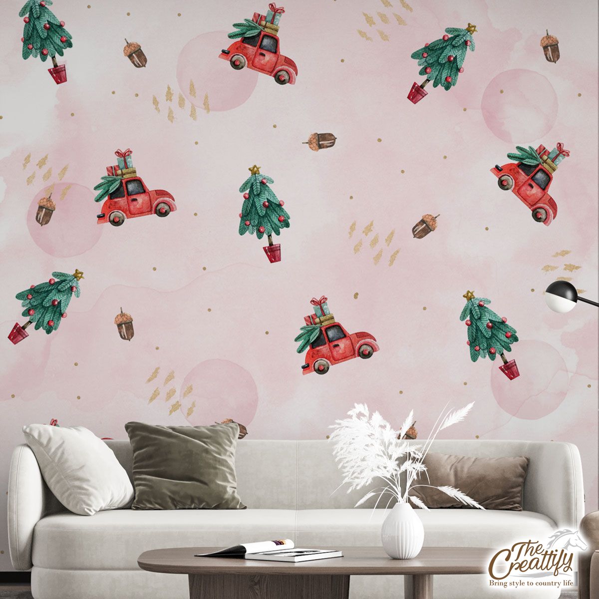 Watercolor Christmas Car With Gifts And Acorns Pink Pattern Wall Mural