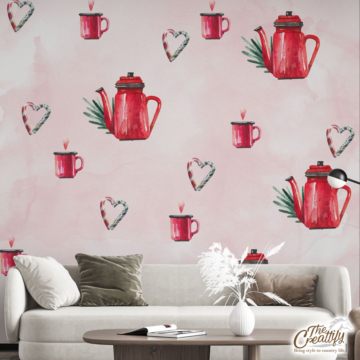 Watercolor Christmas Red Teapots Candy Canes Pattern Wall Mural