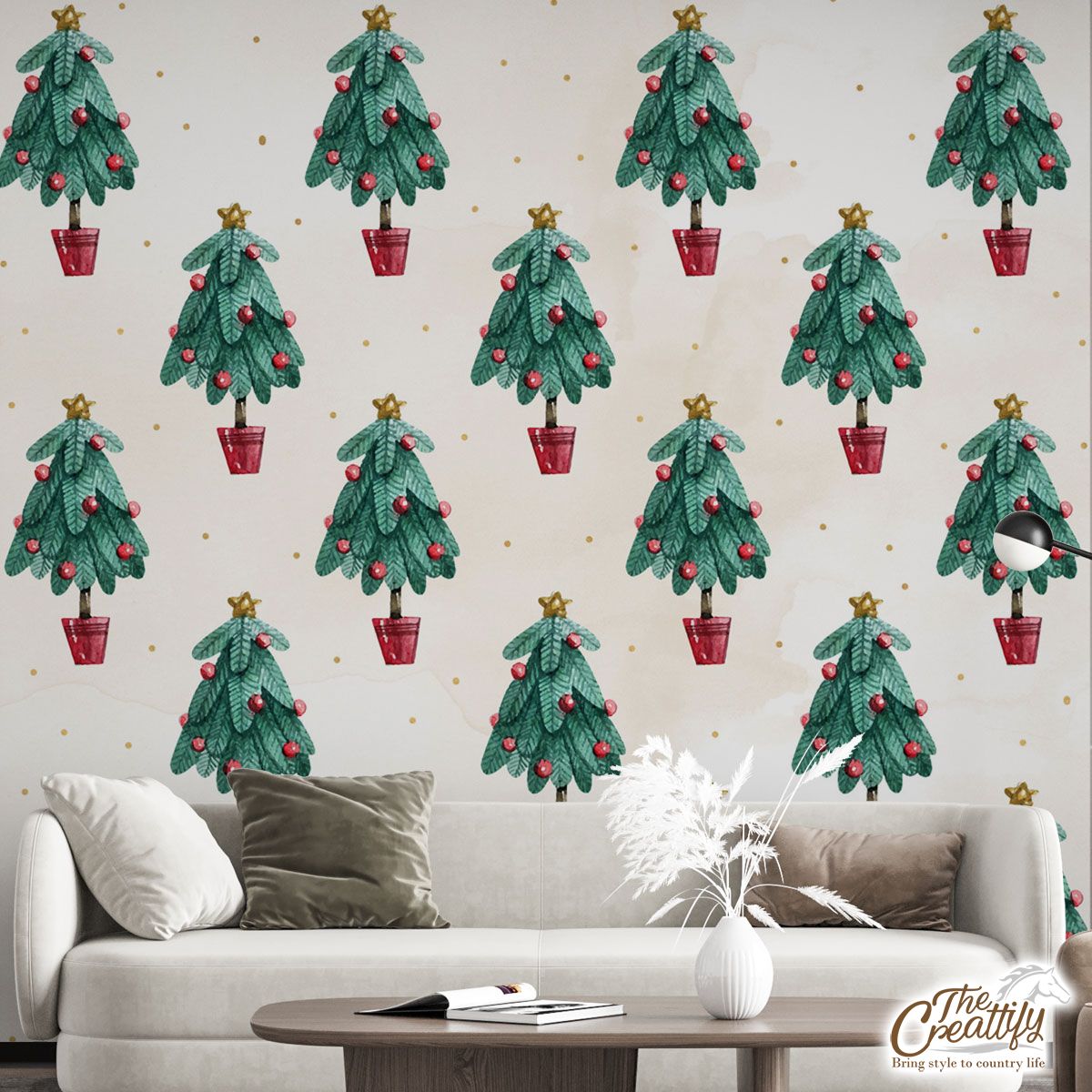 Watercolor Gold Christmas Tree Star Topper Seamless Pattern Wall Mural