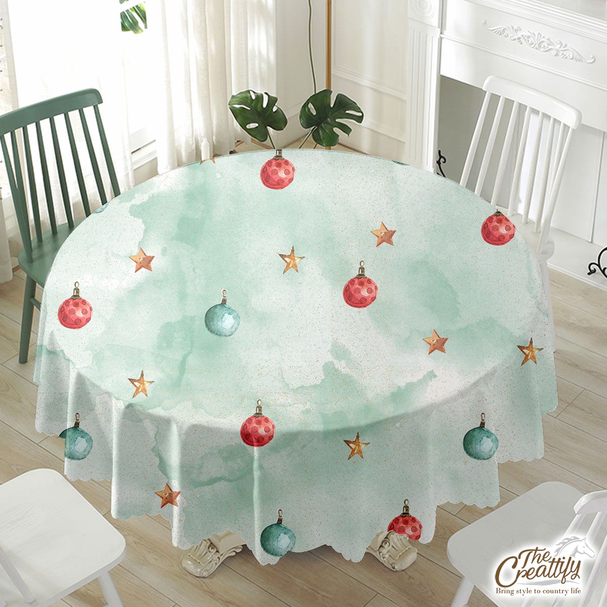 Watercolor Christmas Balls And Stars Pattern Waterproof Tablecloth