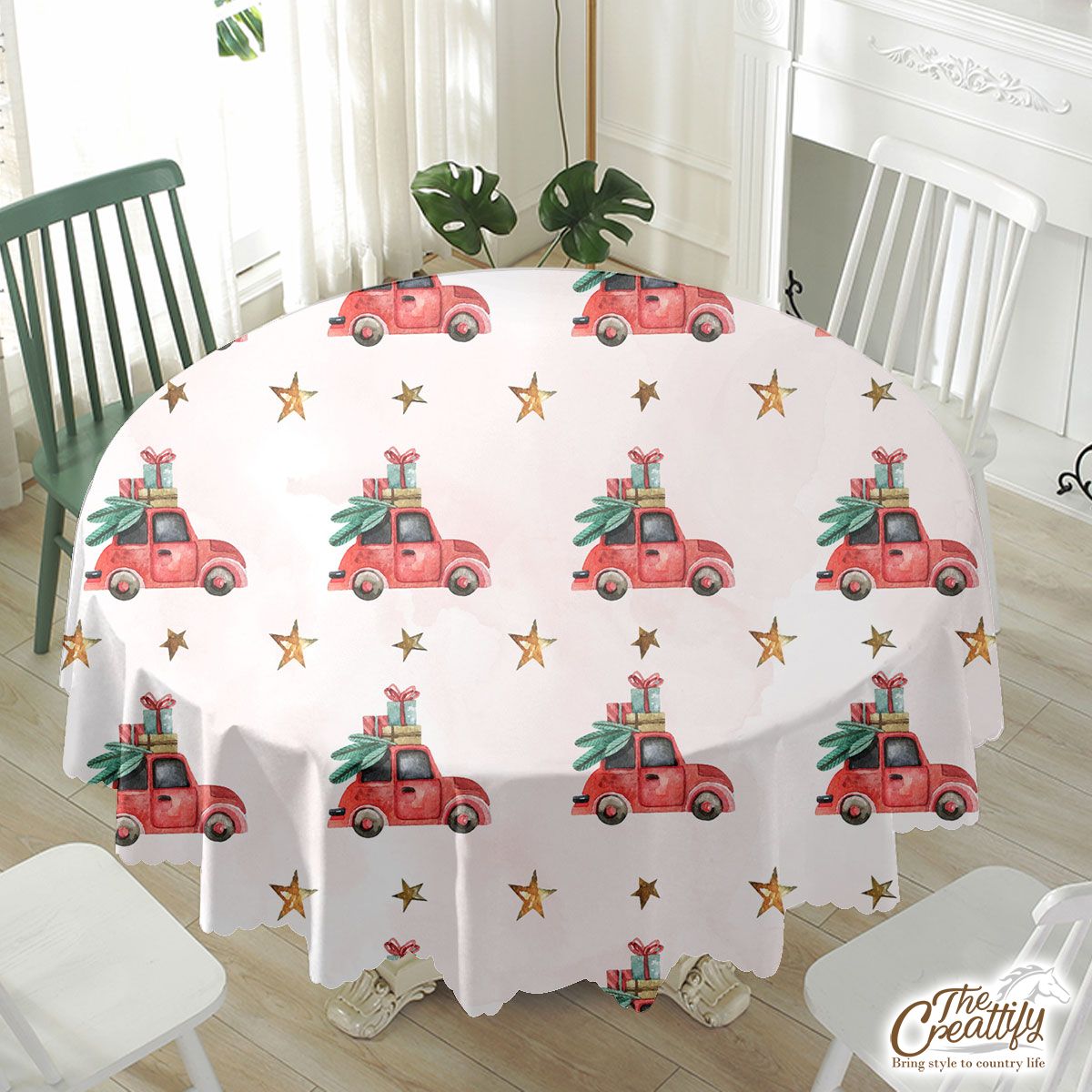 Watercolor Christmas Car With Christmas Gifts Star Pattern Waterproof Tablecloth