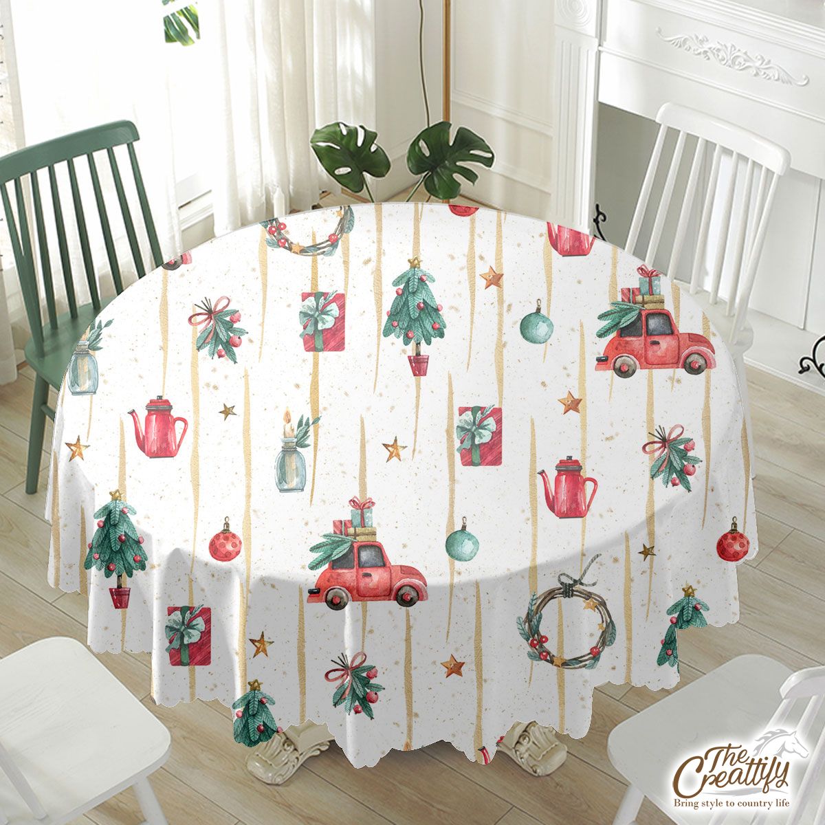 Watercolor Christmas Car With Christmas Gifts, Balls, Wreath And Star Pattern Waterproof Tablecloth
