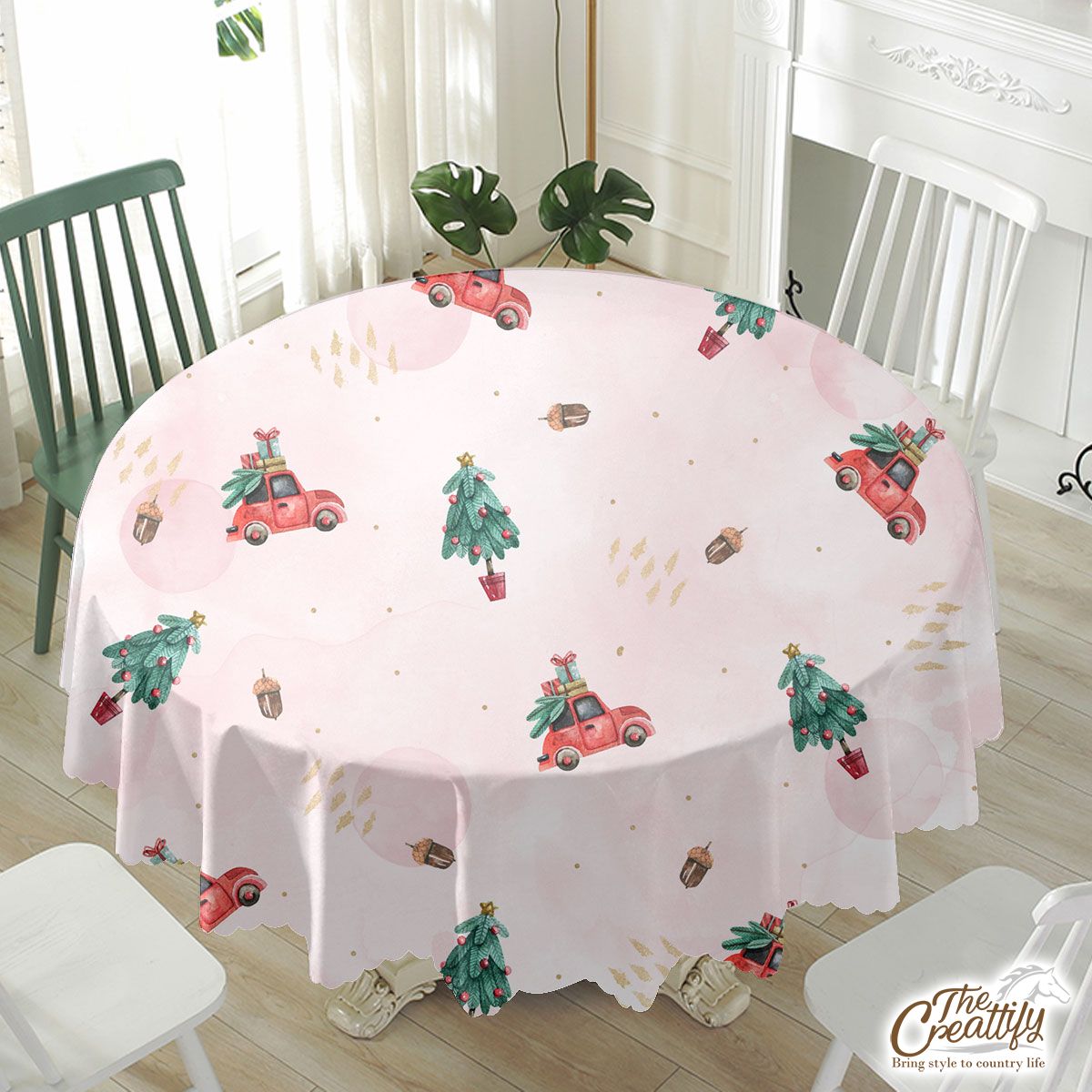 Watercolor Christmas Car With Gifts And Acorns Pink Pattern Waterproof Tablecloth