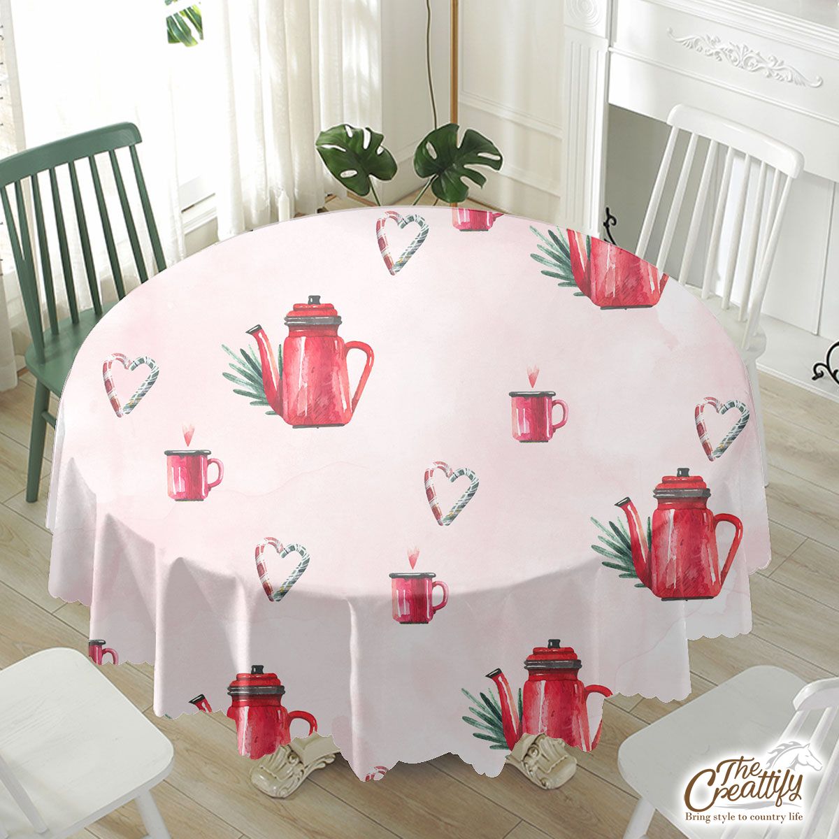 Watercolor Christmas Red Teapots Candy Canes Pattern Waterproof Tablecloth