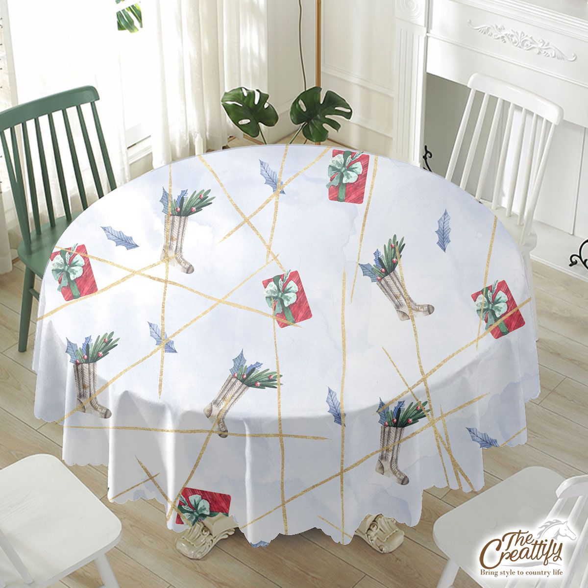 Watercolor Christmas Socks Filled In Holly Left And Christmas Gifts Pattern Waterproof Tablecloth